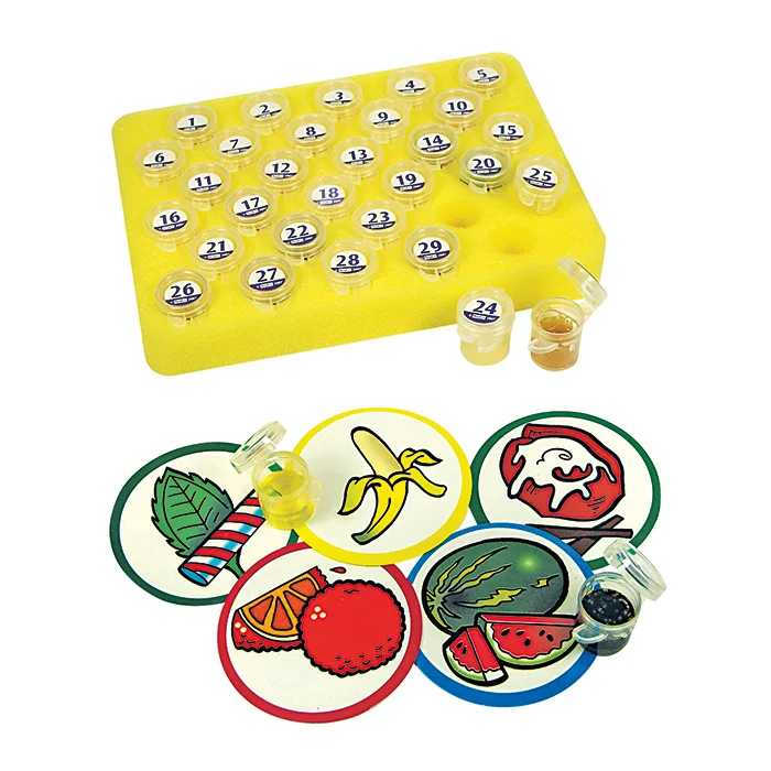 Puzzle, Flasche, Kappen, runde Plättchen, Fruchtbilder