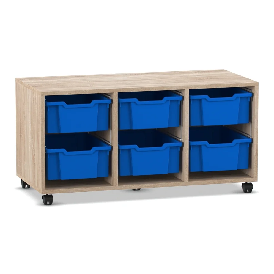 rollbare Schrank, Aufbewahrungskart, Holzkasten, blaue Behälter, 3-reihige Aufbewahrung