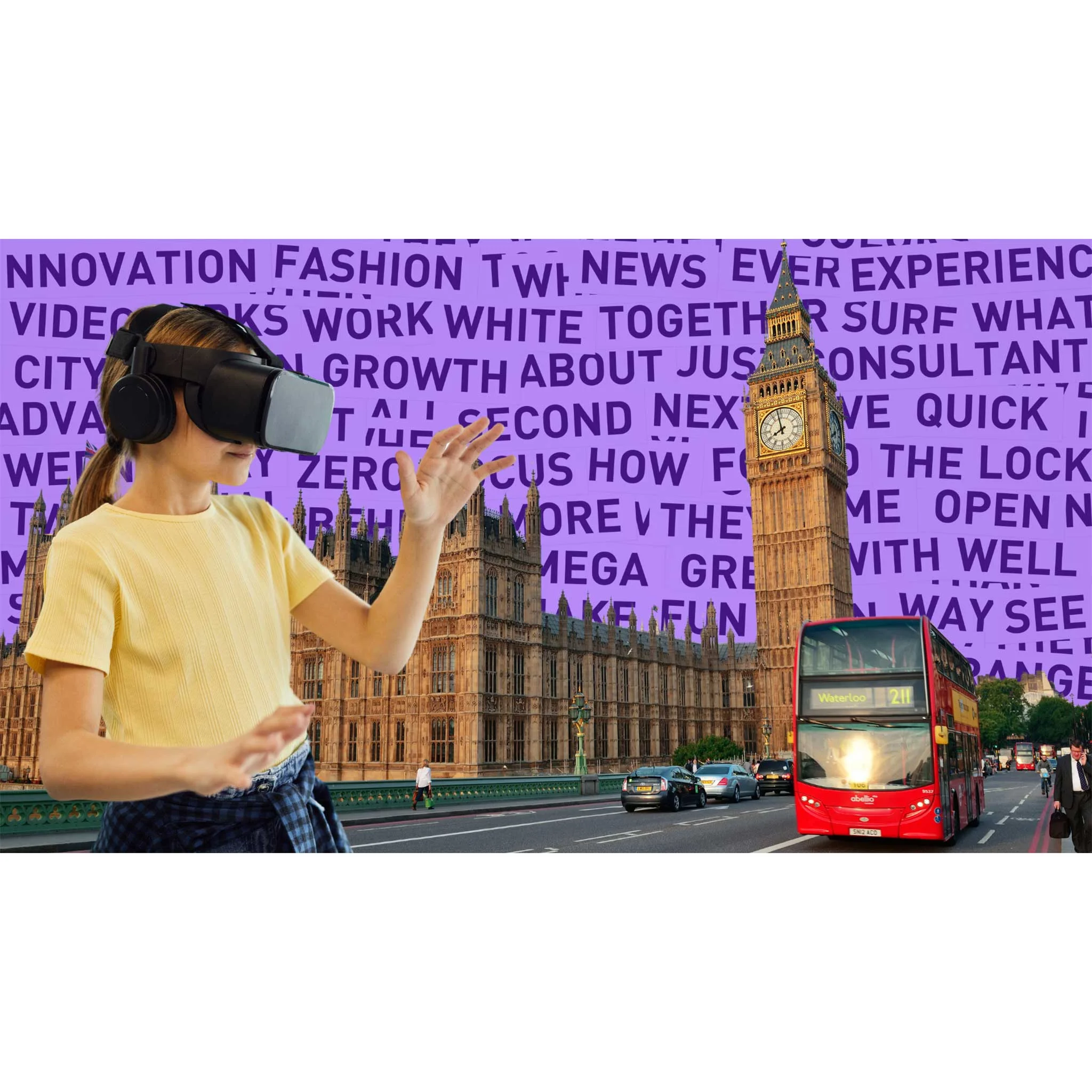 virtuelle realität, VR-Headset, Mädchen, Stadtlandschaft, Bus