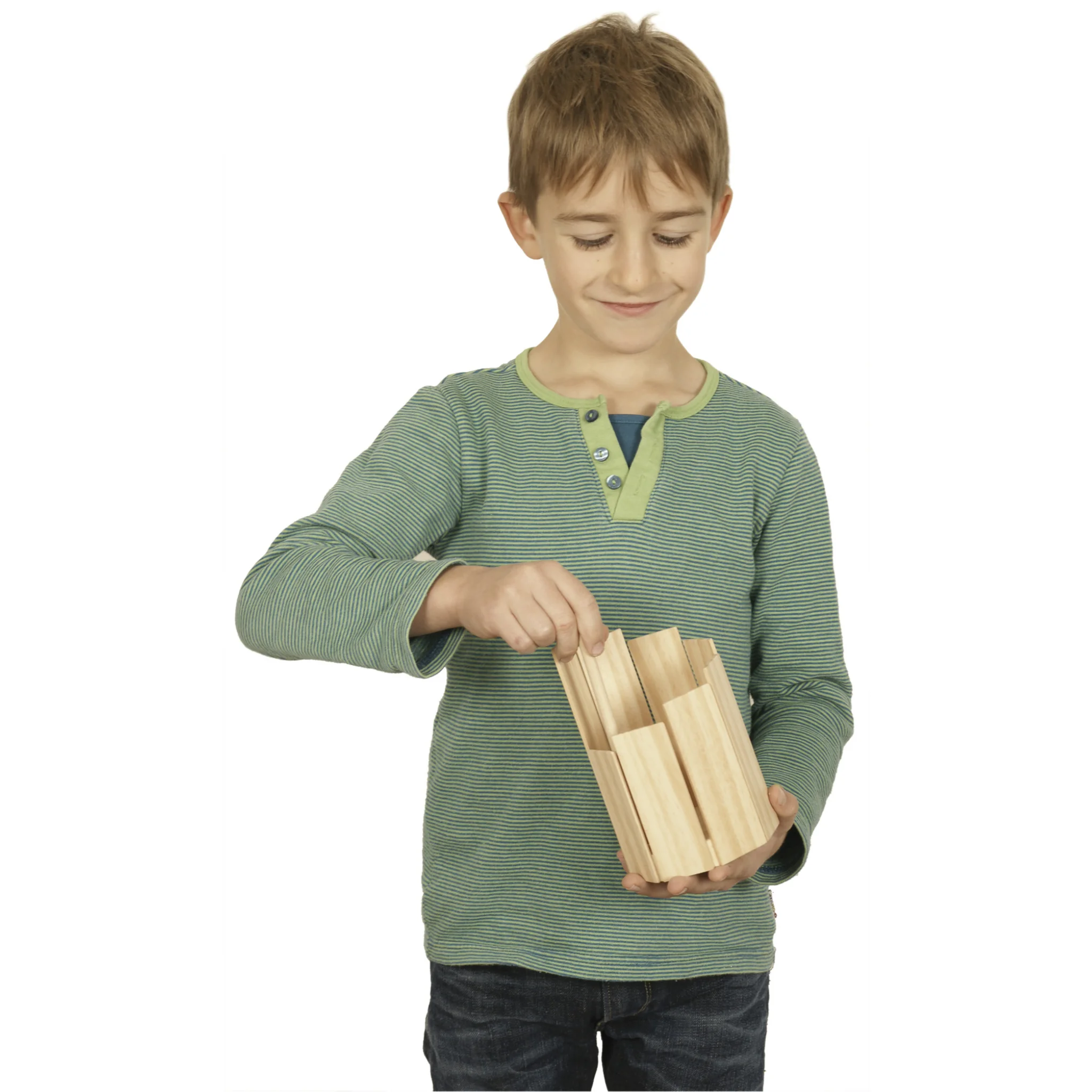Kinderhemd, Grün gestreift, Langarm, Holzbausteine, Holzkonstruktionsset