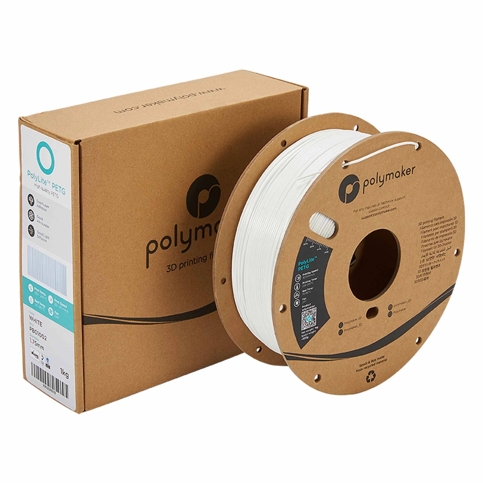 3D-Druck-Filament, PETG, weiß, Spule, PolyMaker