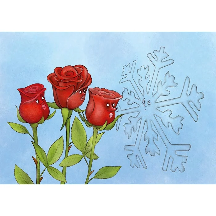 roses, rote Rosen, Rosenstängel, Schneeflocke, Illustration