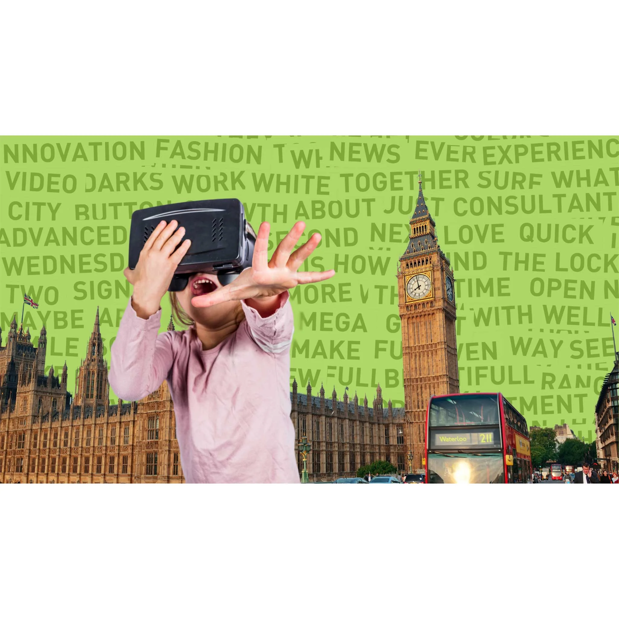 vr headset, mädchen, großbritannien, big ben, bus