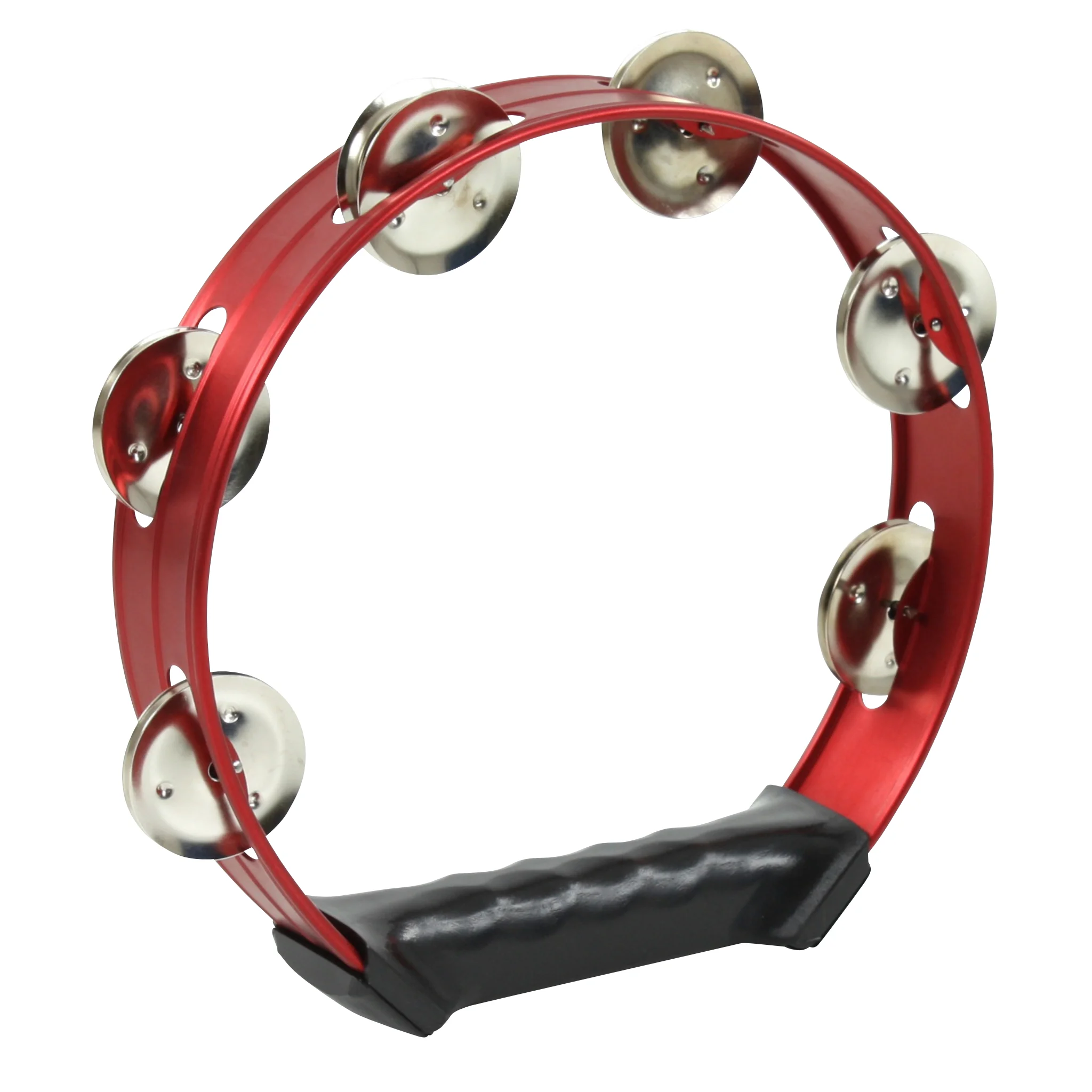 Tamburin, handgehaltenes Instrument, roter Rahmen, metallklingeln, Griff aus Kunststoff