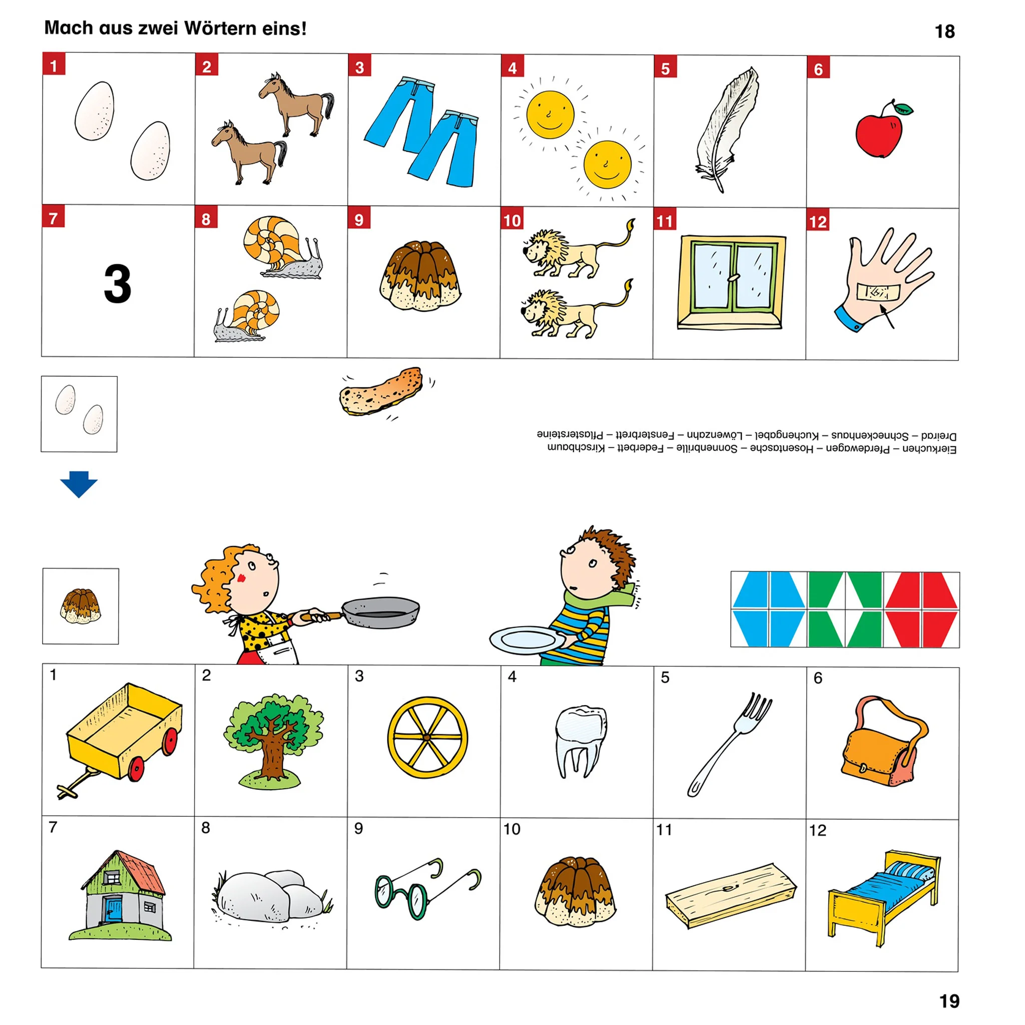 Eier, Pferd, Hose, Sonne, Feder, Apfel, 3, Schnecke, Vulkan, Löwen, Fenster, Hand