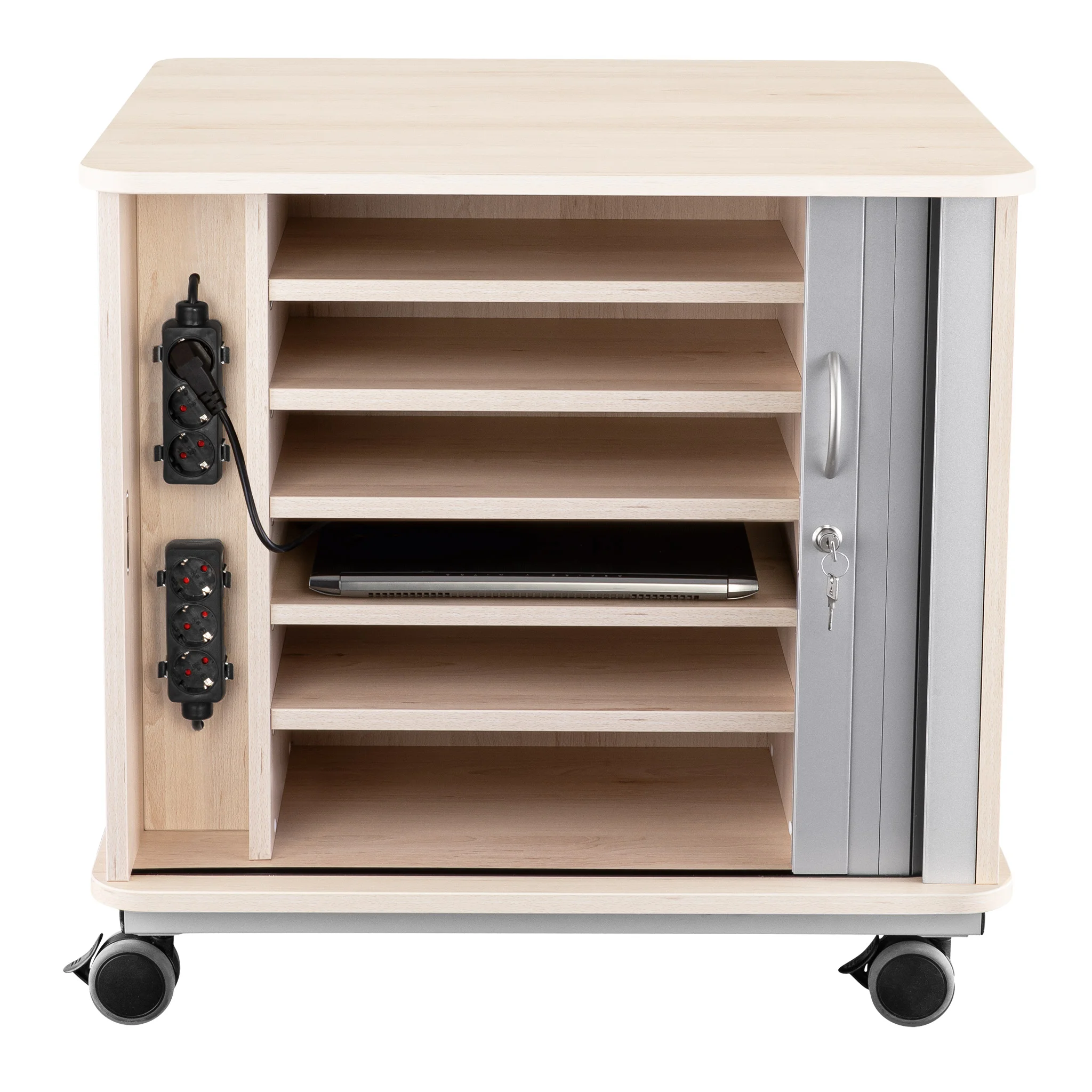 Holzschrank, Schreibtischwagen, Laptopfach, Rollcontainer, Stahlgriff