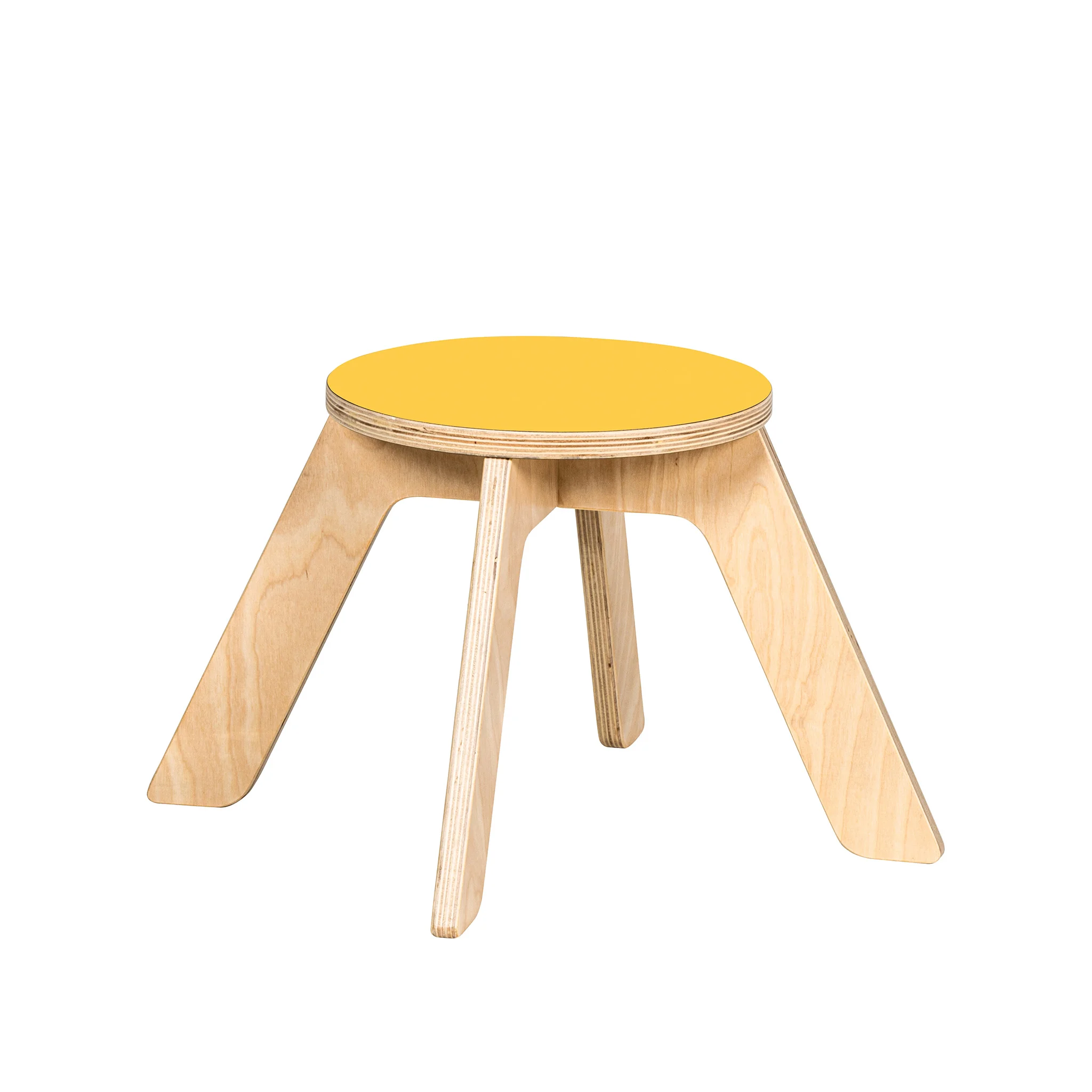 Holzstuhl, Kleiner Hocker, Rundholzstuhl, Gelb Sitzplatte, Vierbeiniger Stuhl