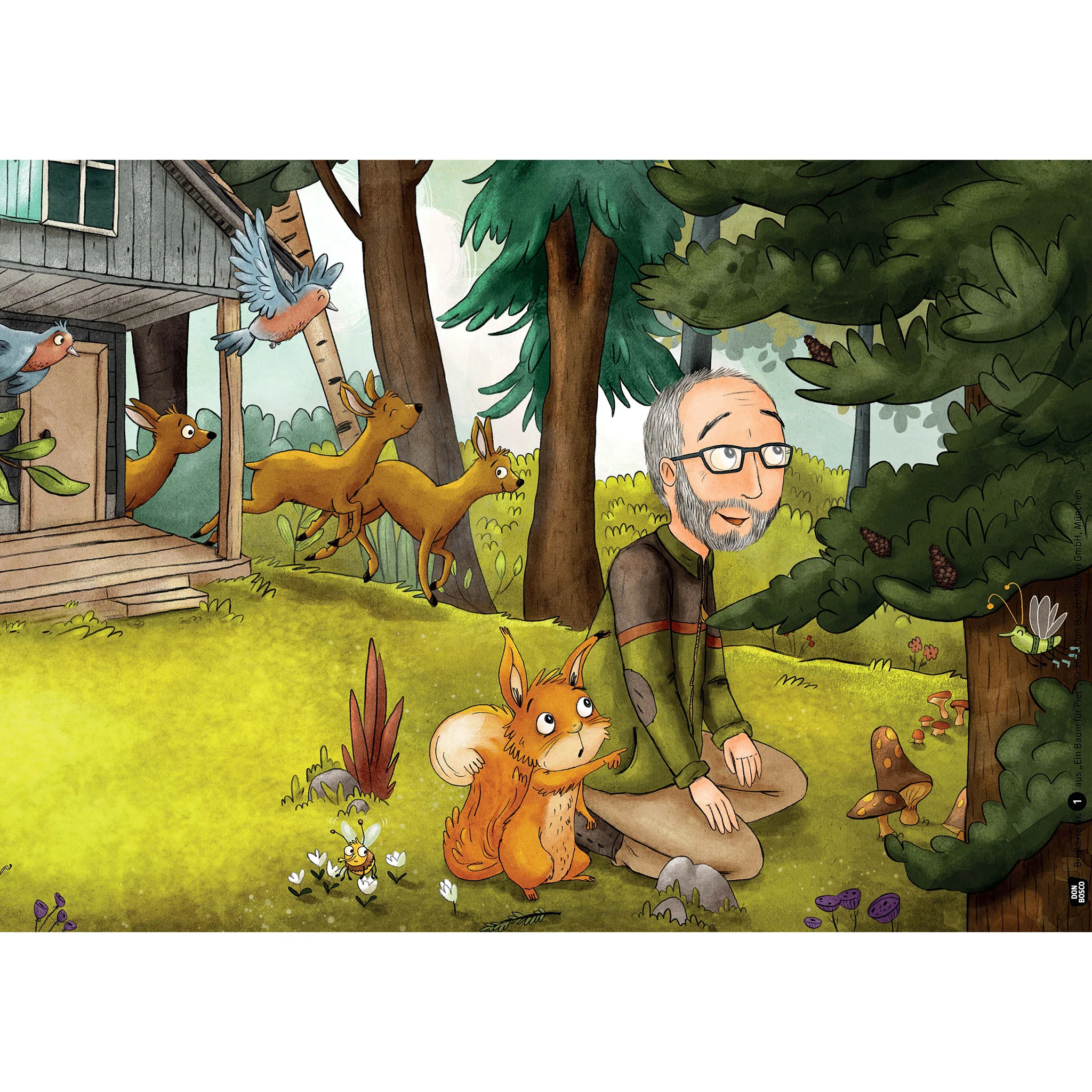 Illustration, Wald, Mann mit Brille, Eichhörnchen, Hirsch-ähnliche Tiere