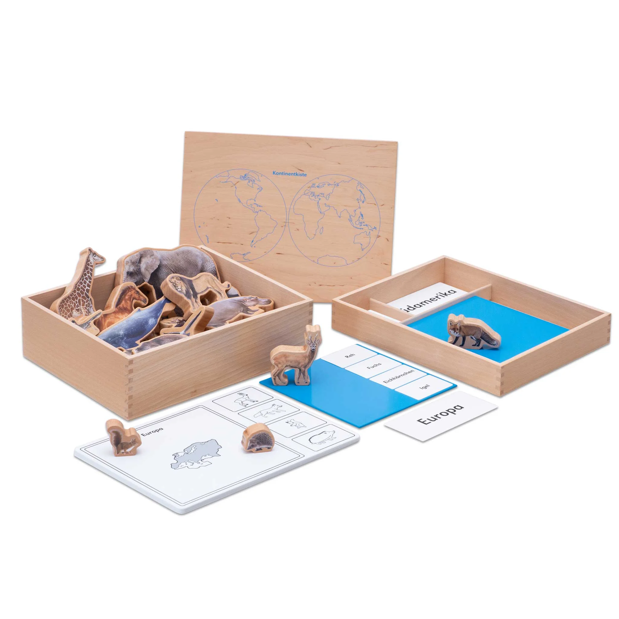 Holzbox, Tierfiguren, Puzzlefiguren, Weltkarte, Lernspielzeug
