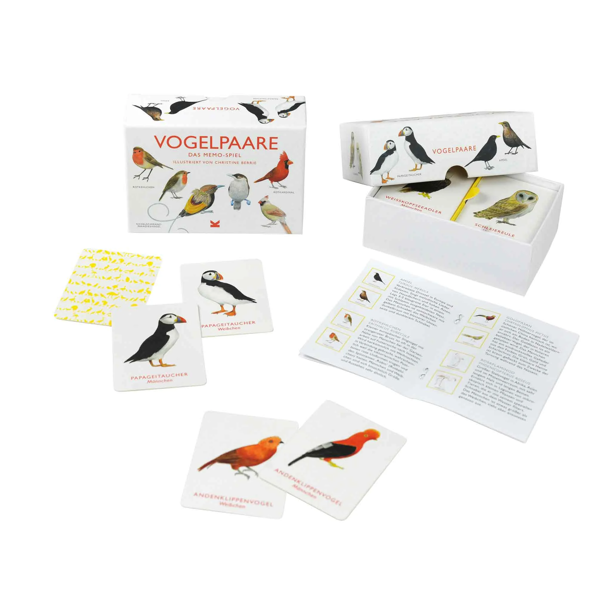 Vogelkarten, Memory-Spiel, Vögel, Pappkarten, Vogeldesign