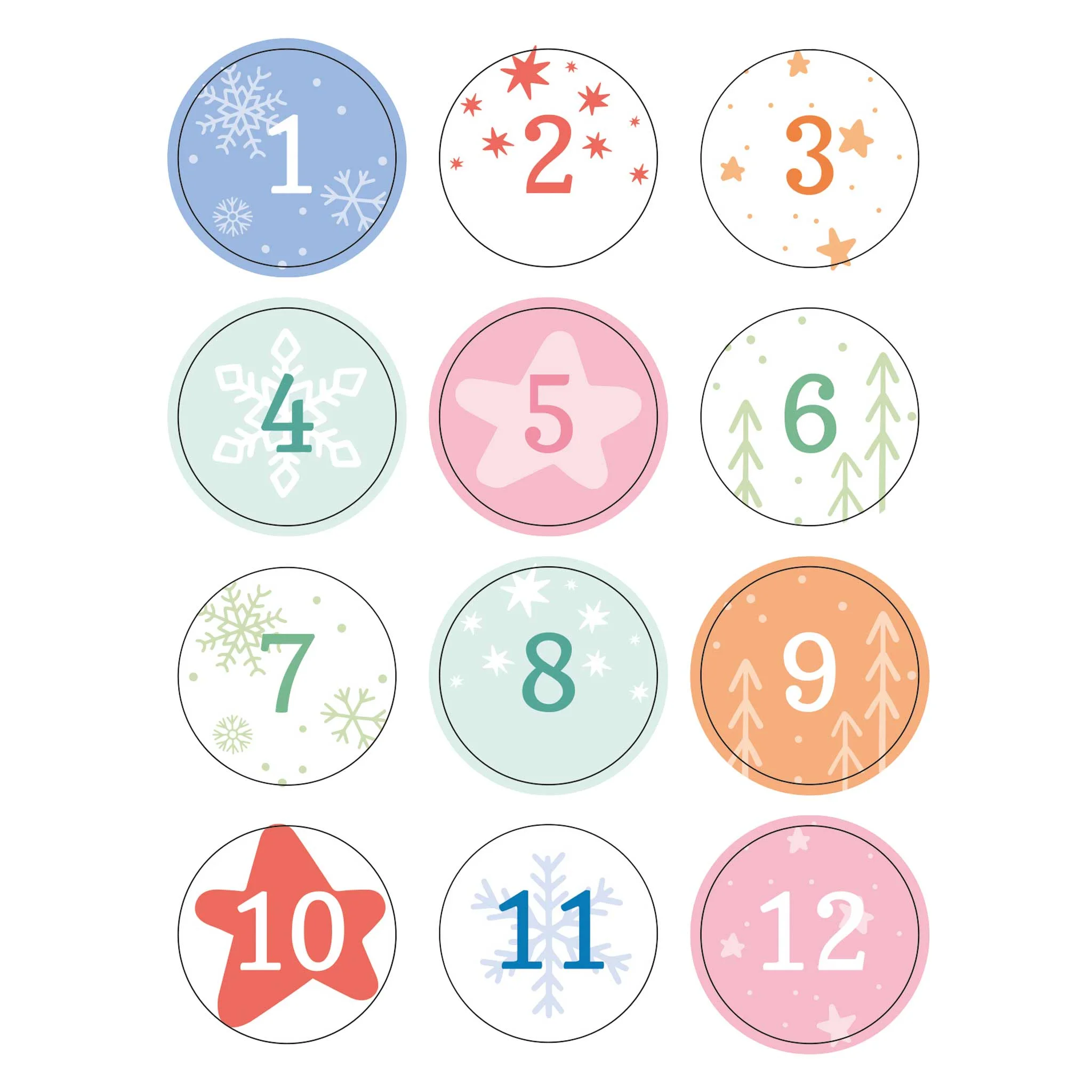 Adventskalender, runde Sticker, Schneeflocken Muster, Zahlenschilder, festive Punkte