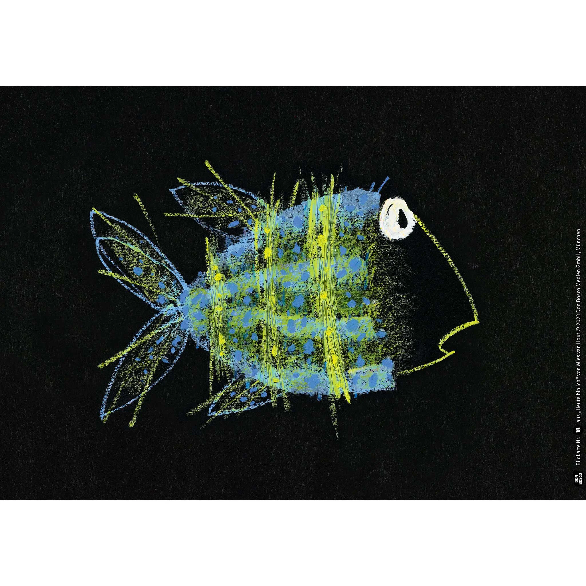 Fisch, Fischzeichnung, Blaugrün, Kreidekunst, schwarzer Hintergrund