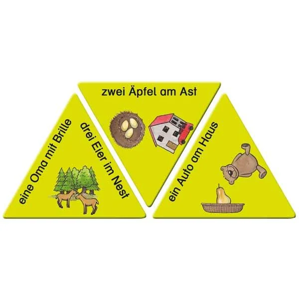 Dreier-Puzzle, Piktogramm, Zwei Äpfel am Ast, Haus Auto?, Tierische Symbole