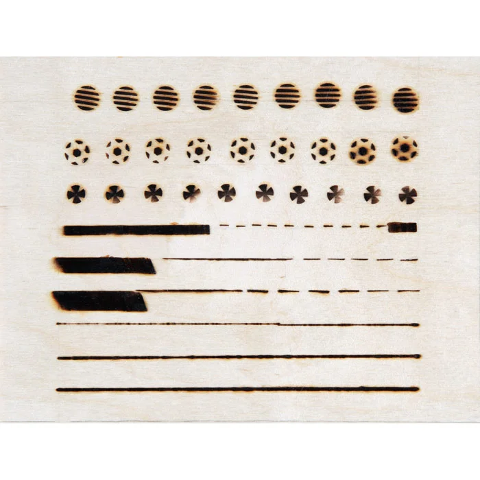 stamps, engraved lines, measurement marks, dot pattern, wooden tester