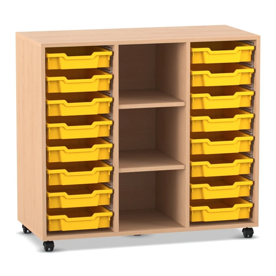 Klassenzimmerregal, 99,1 x 108,5 x 48, mit 16 Gratnells-Boxen und 2 Böden, Buche hell