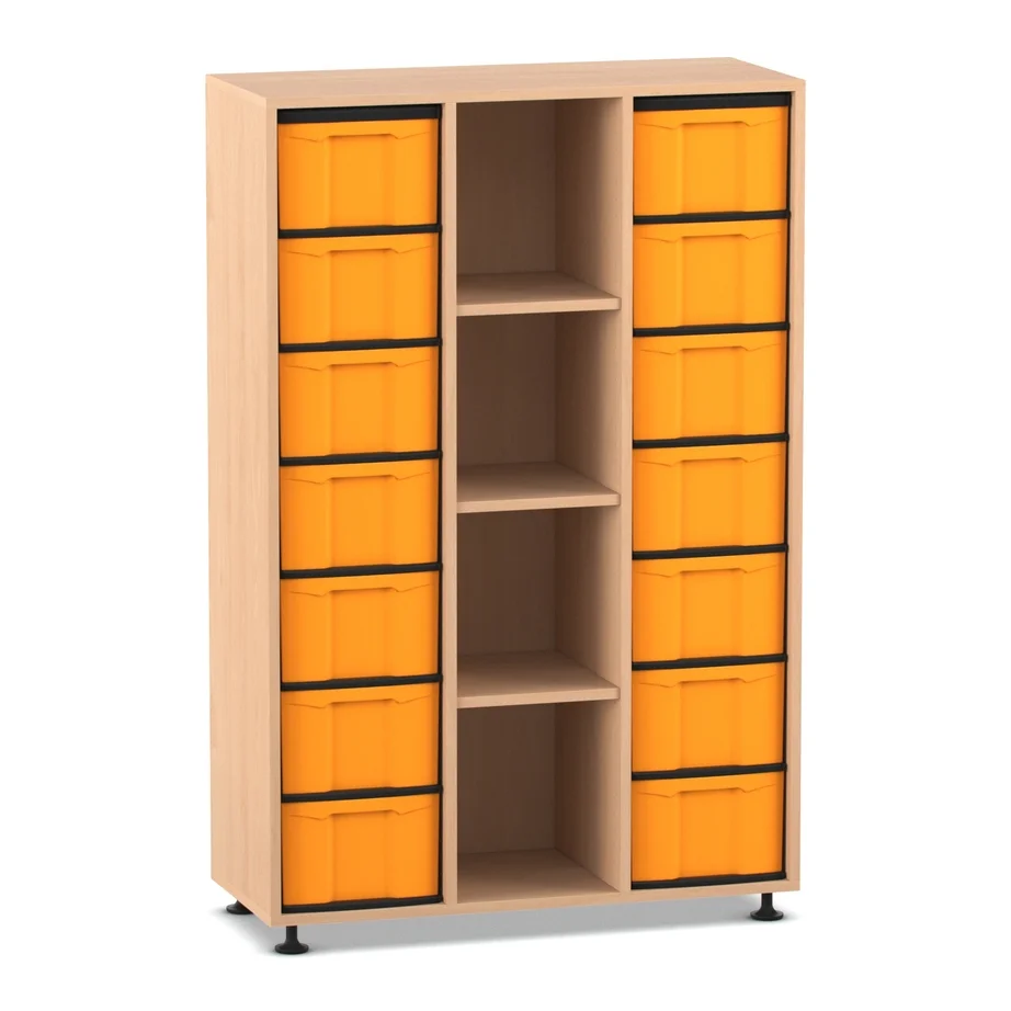 Halbhohes Regal, 151,8 x 98,6 x 40,8, mit 4 Fächern und 14 Boxen, Buche hell