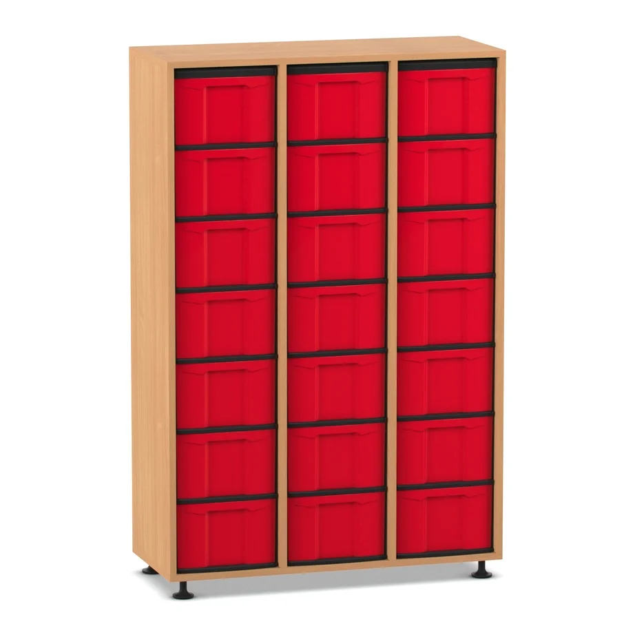 Schubladenkasten, Aufbewahrung, Holzkasten, rote Boxen, 3-Spalten