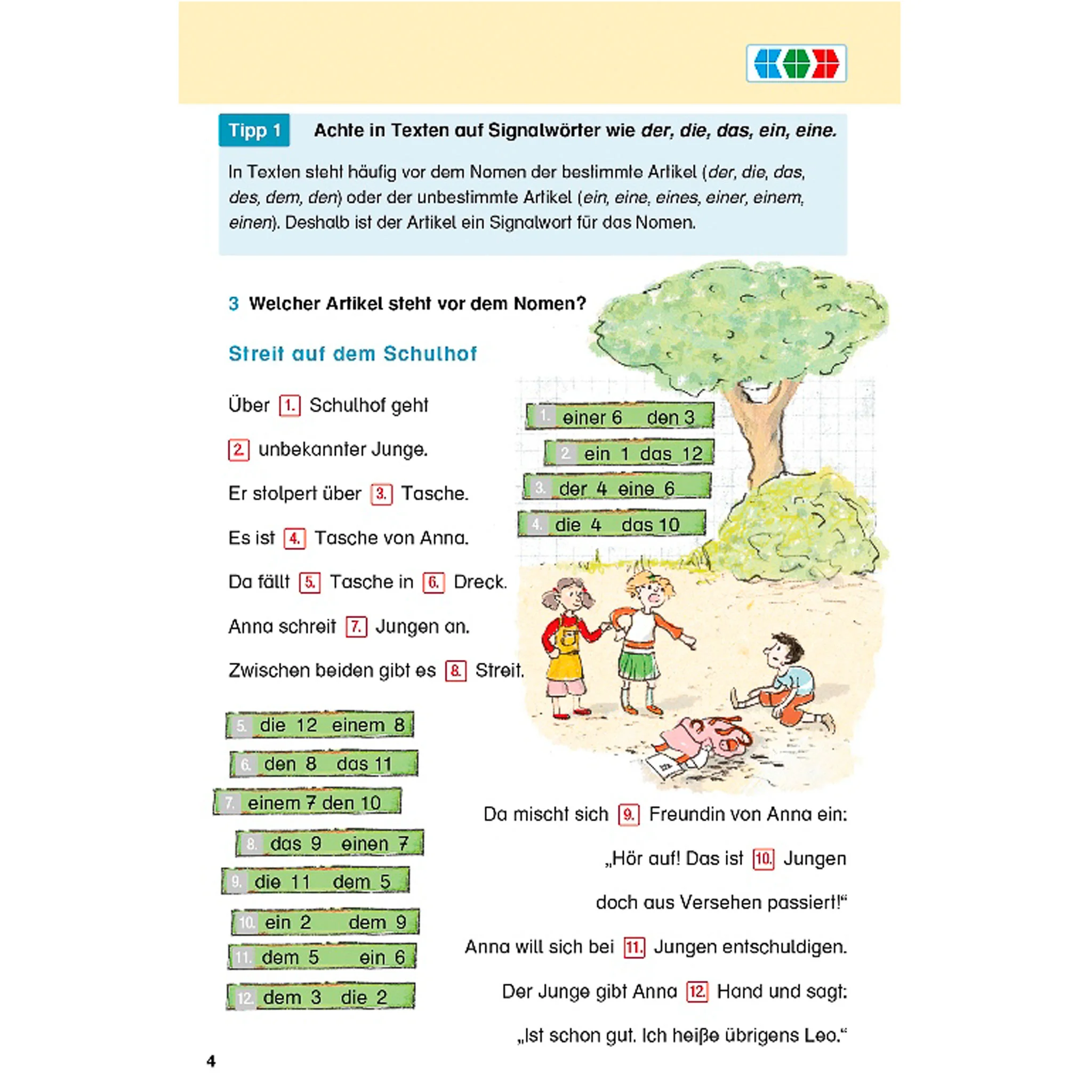 Schulhof, Kinder, Baum, Bild, Lehrbuch