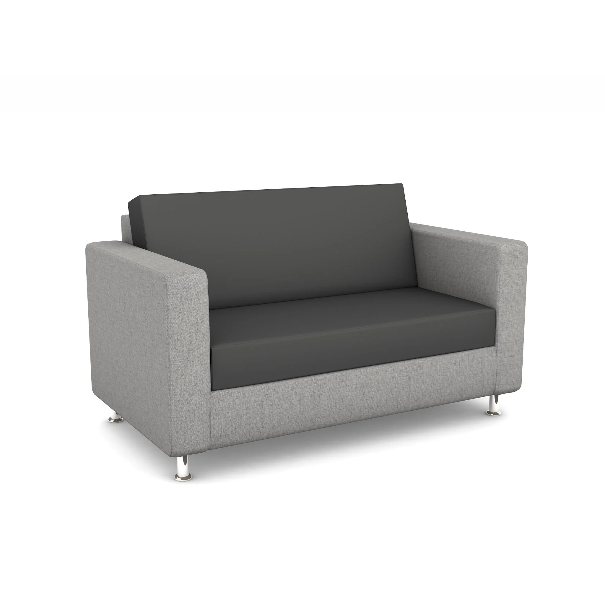zwei-sitzer, komfortsofa, bezüge grau, stahlfüße, armlehnen gepolstert
