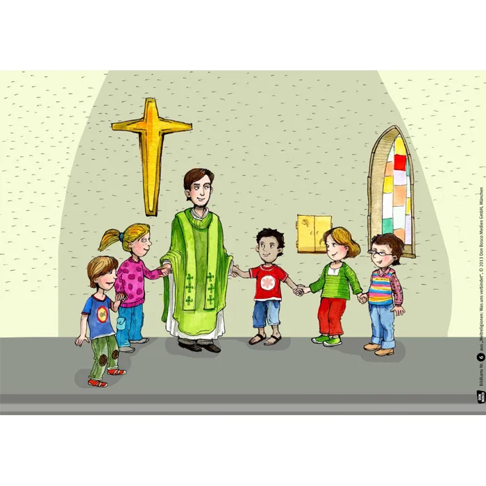 Kirche, Priester, Gruppe Kinder, Grüner Priesterrober, Kreuzaltar