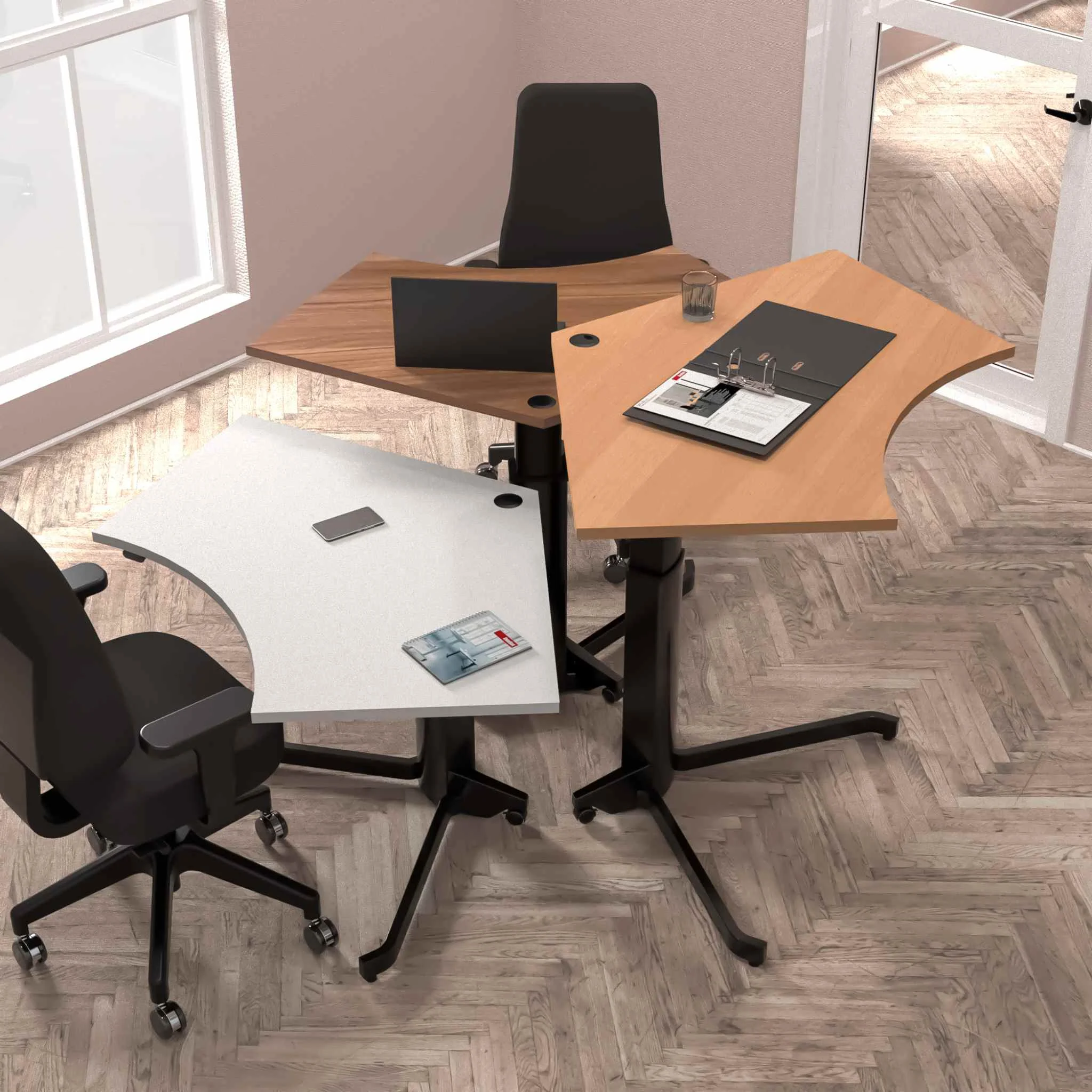 bürotisch, l-flächentisch, arbeitsplatz, rollhocker, akustik