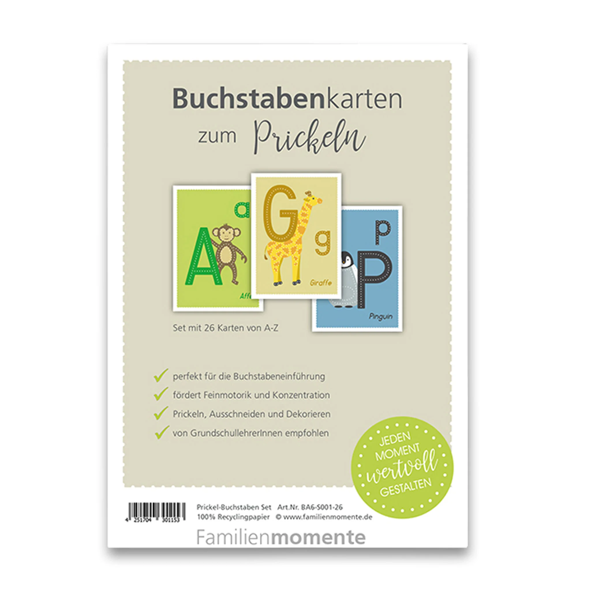 Buchstabenkarten, Prickeln, Alphabet, Lernspiel, Recyclingpapier