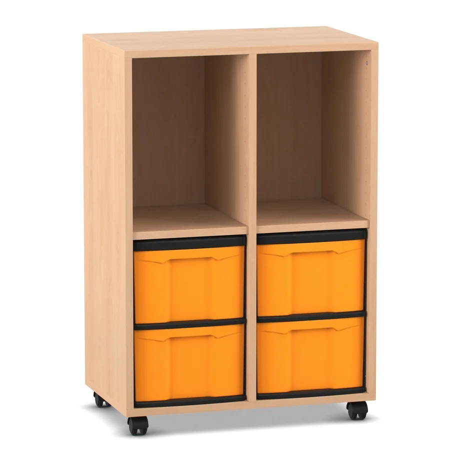 Klassenzimmerregal, 98 x 40,8 x 66,5, mit 2 Fächern und 4 Boxen, Buche hell