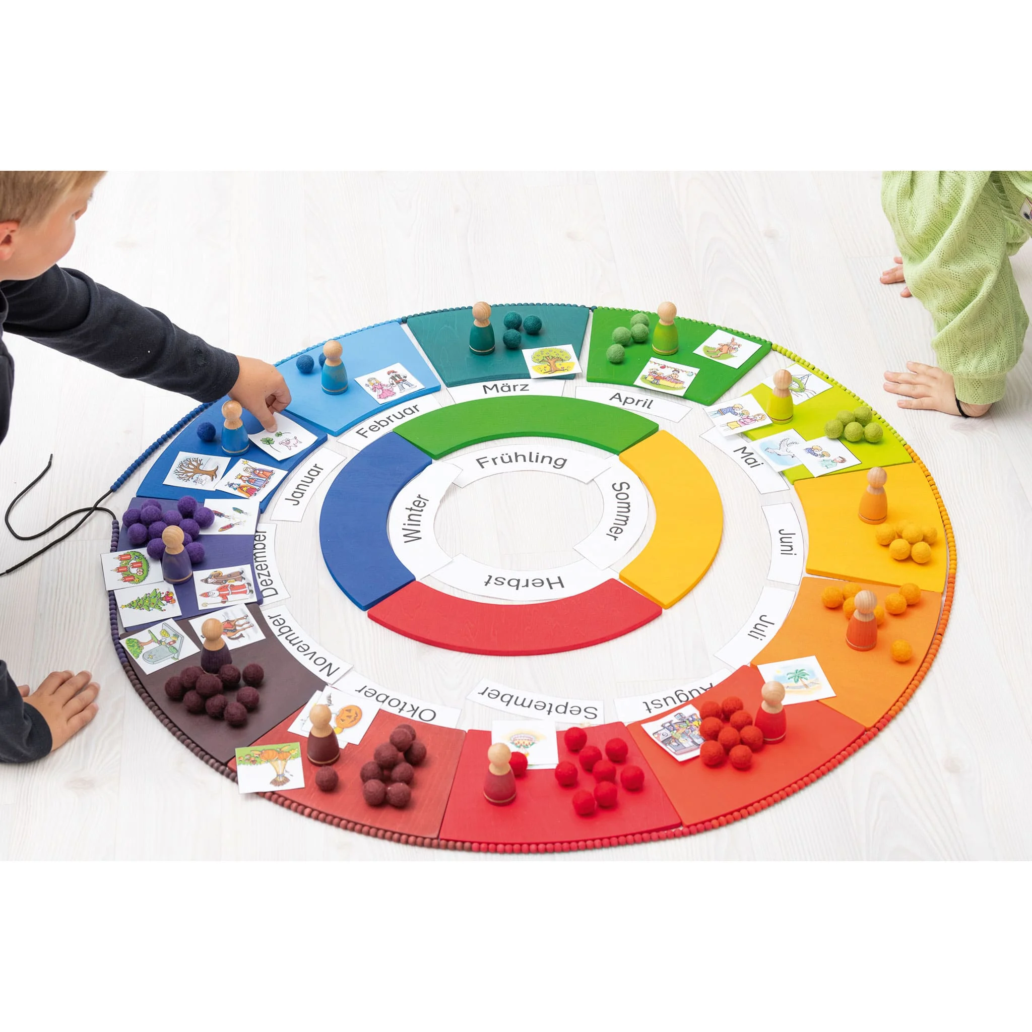 Spielbrett, Jahreszeiten, Farbenkreis, Spieleteile, Kinderlernspiel