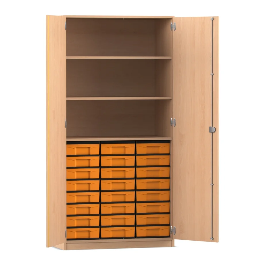 Materialschrank - mit Drehtüren, 24 flache Boxen, Buche hell