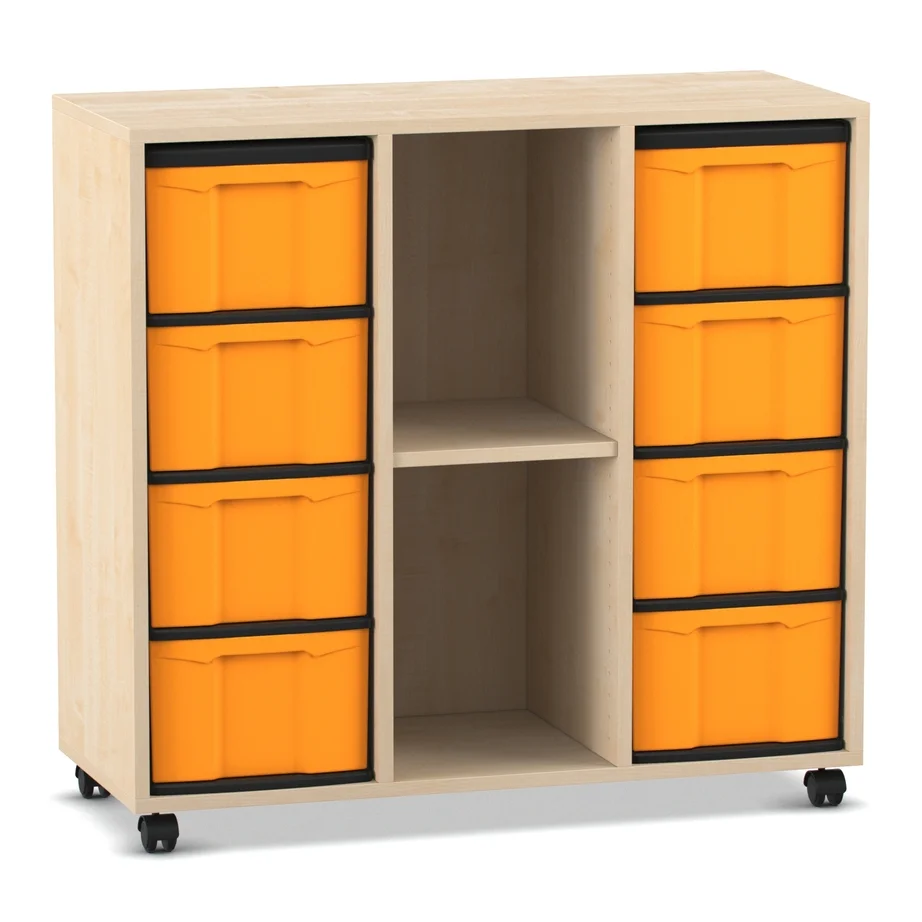 Kiste, Aufbewahrung, Rollcontainer, orange Boxen, Holzmöbel