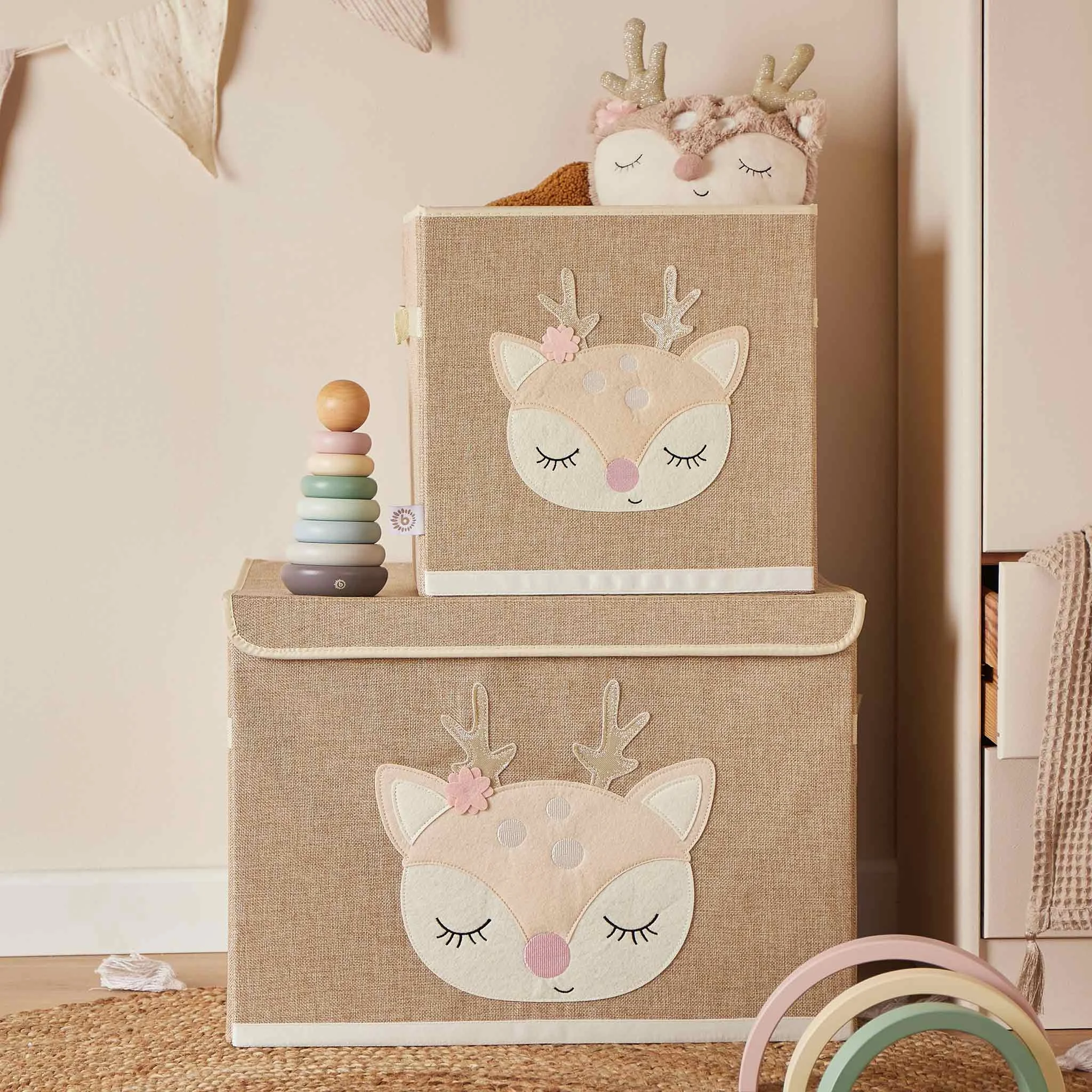 Kinderspeicher, Aufbewahrungskorb, Elch Gesichtsdesign, Stoffkiste, Rosa Beige