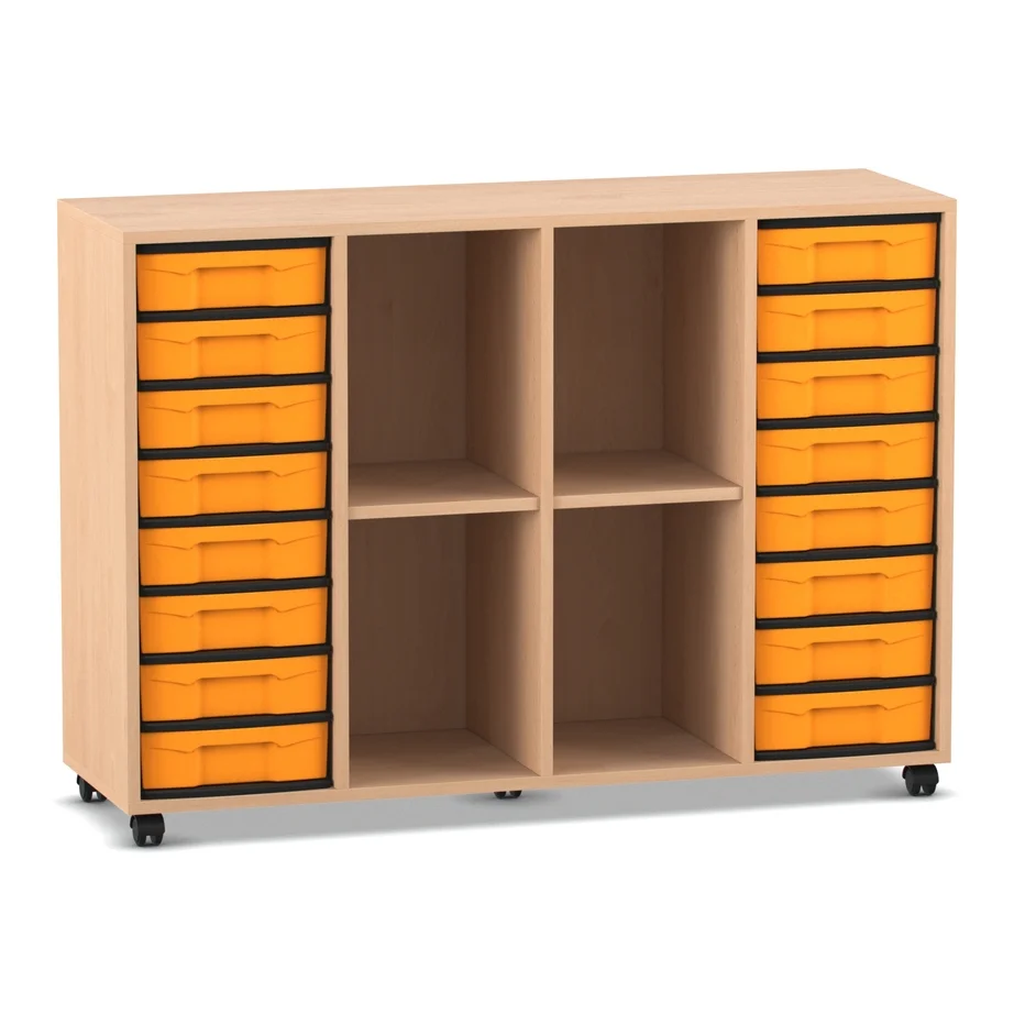 Klassenzimmerregal, 92,3 x 130,7 x 40,8 cm, mit 16 Boxen und 4 Fächern, Buche hell