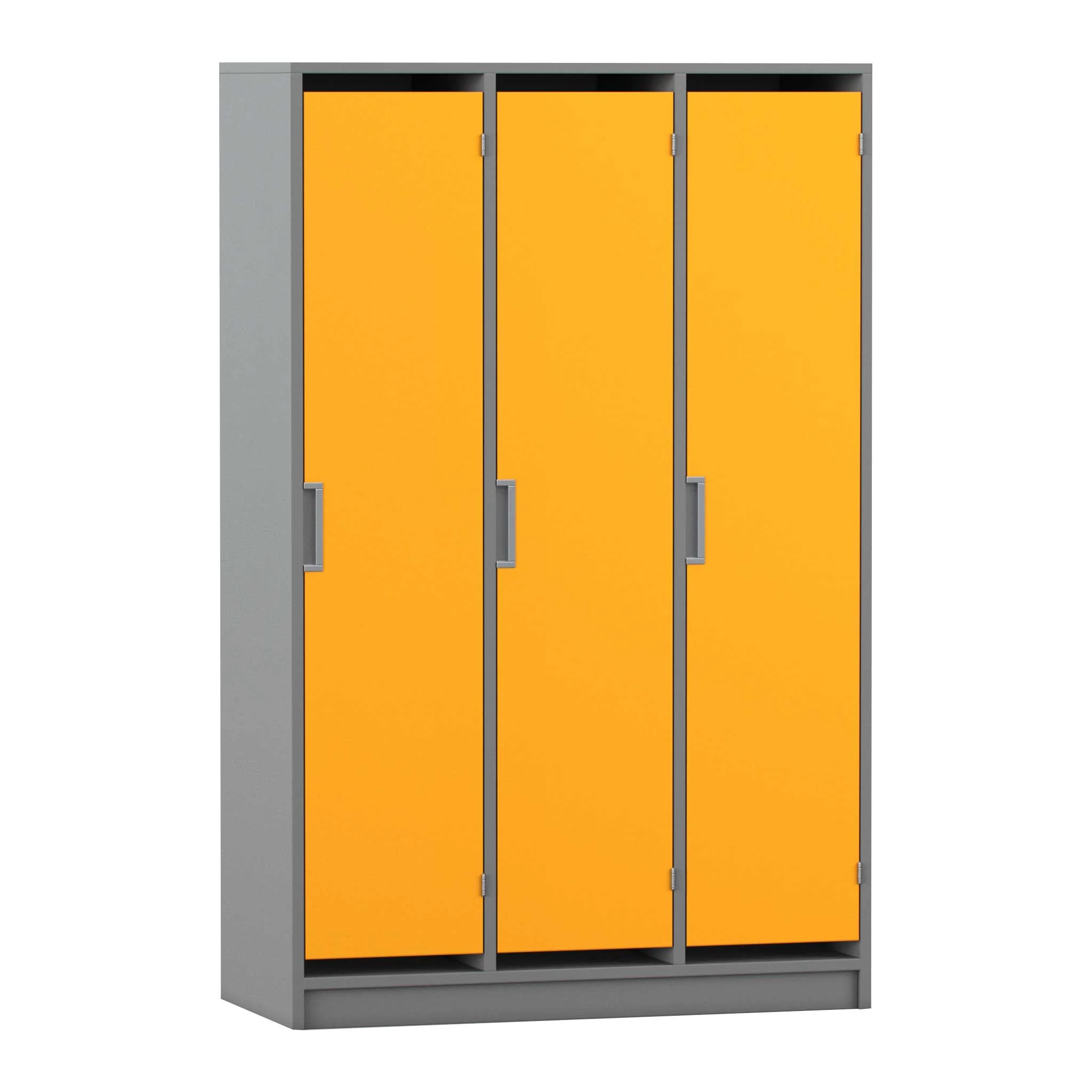 Schrank, Garderobe, Stahlkonstruktion, orange Türen, 3-türig