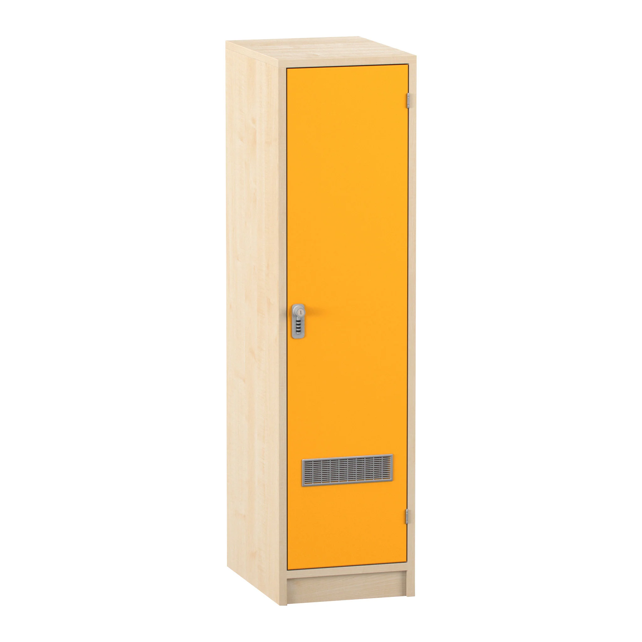 Schrank, Hochschrank, Orange Tür, Metall-Lüftung, Holzrahmen
