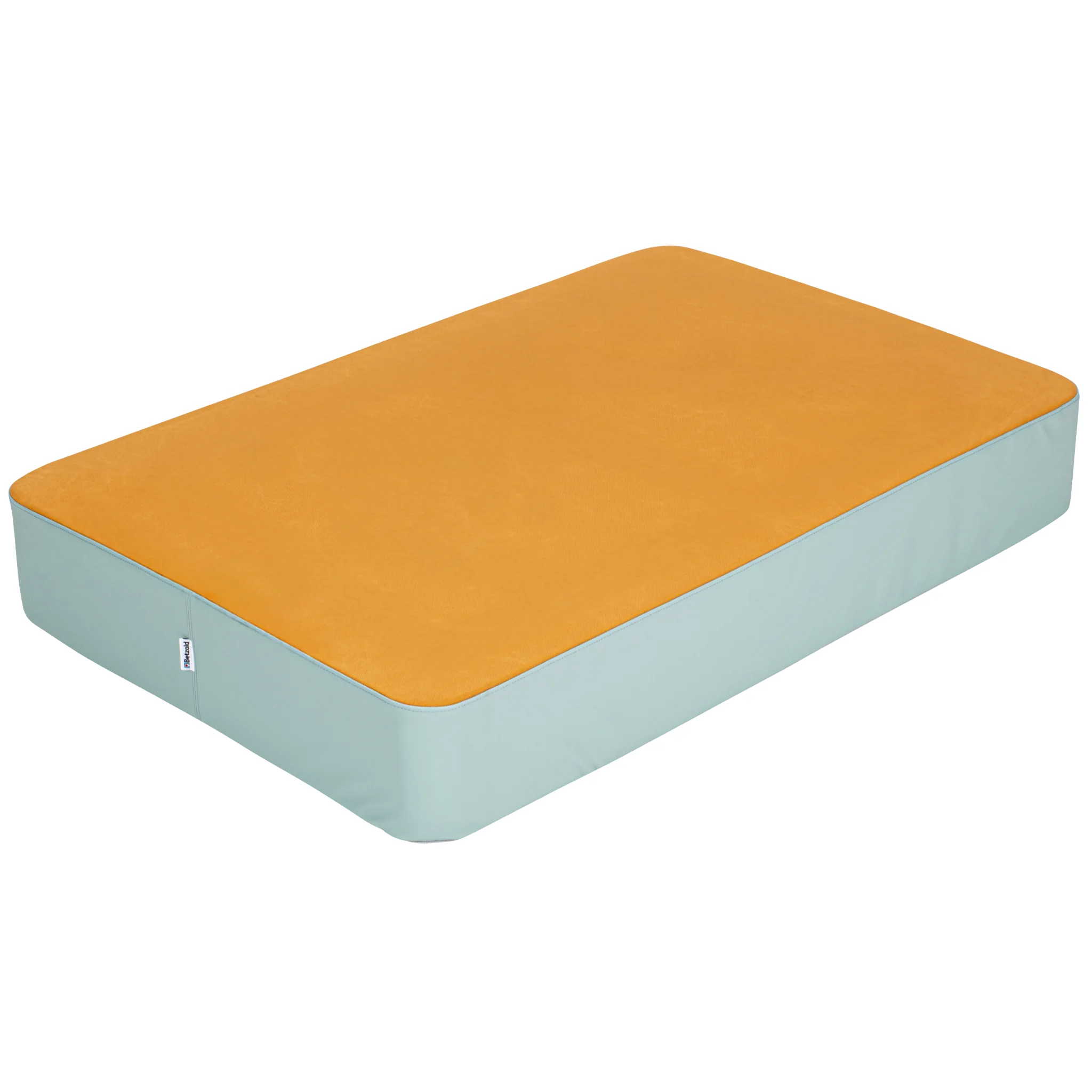 Matraze, Matratze, orangefarbige Oberfläche, blaue Basis, Stoffbezug