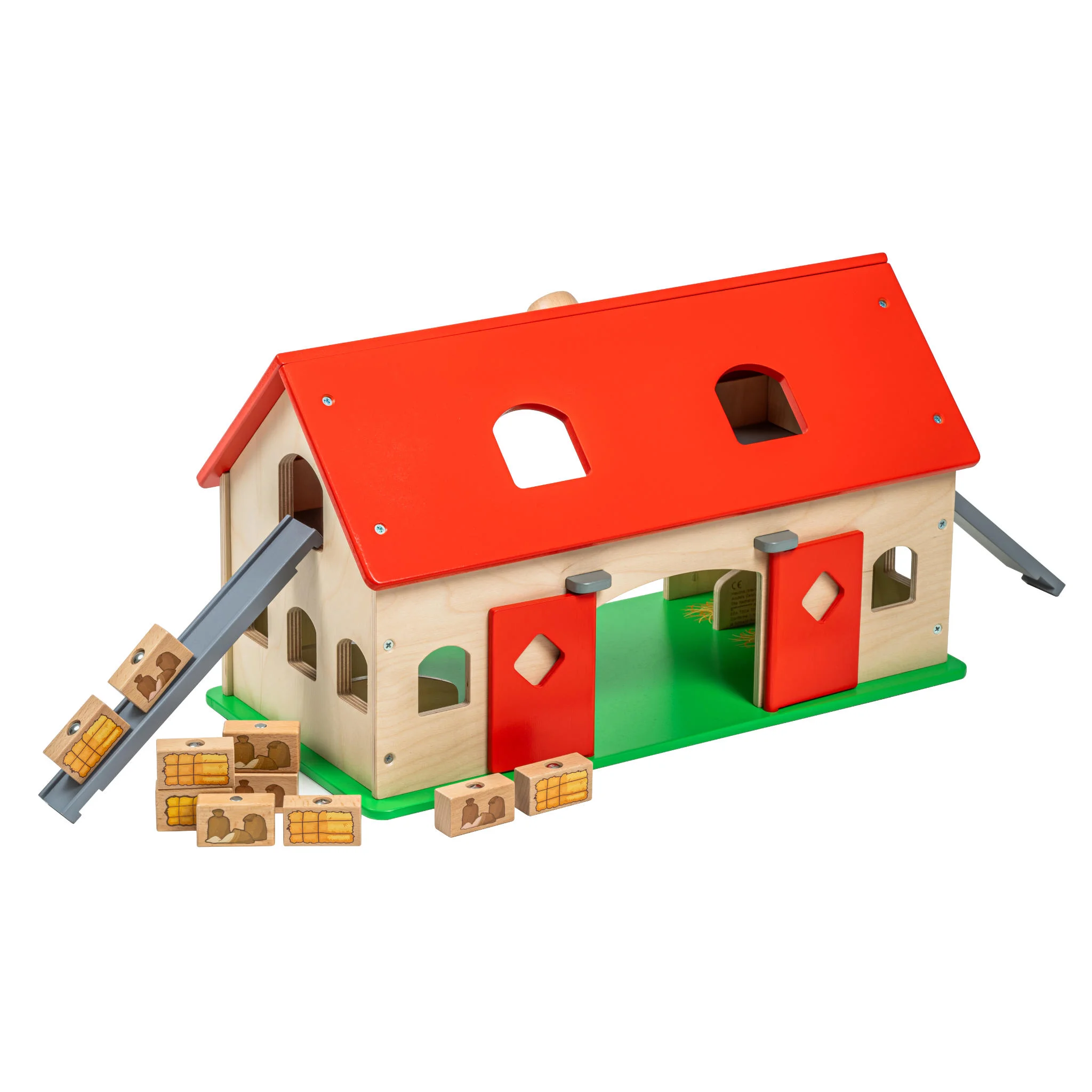 Holzspielzeug, Spielzeug-Bauernhof, Rotes Dach, Scheunentore, Spielfiguren