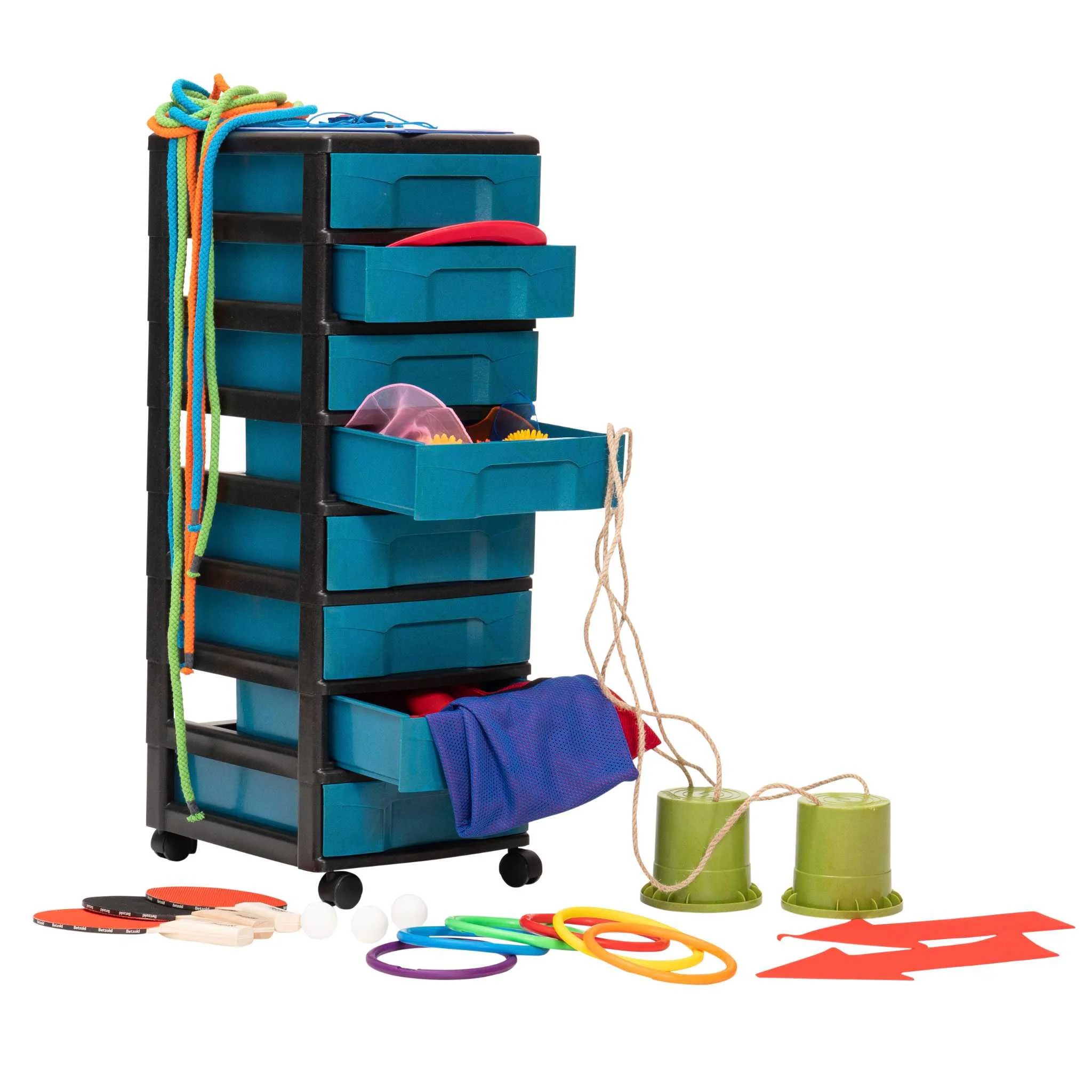 Aufbewahrungstrolley, Werkzeugkasten, Sport-/Spaßset, Seil/Schlaufen, Spielen/Training