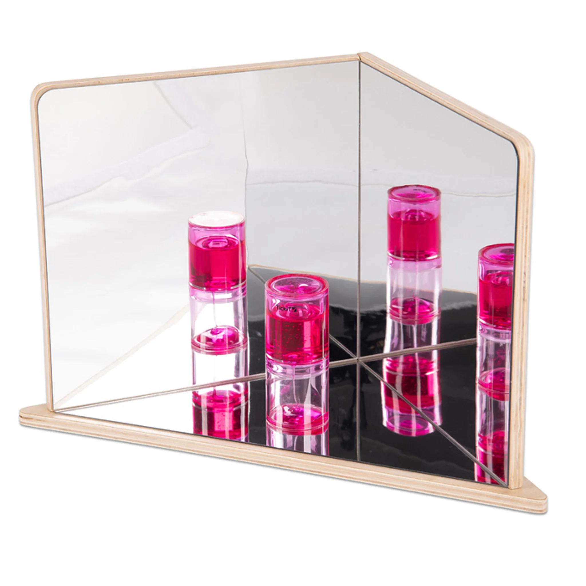 Spiegel, Spiegellset, Kunststoffspiegel, Kubus-Spiegel, Pink-Liqid-Flaschen
