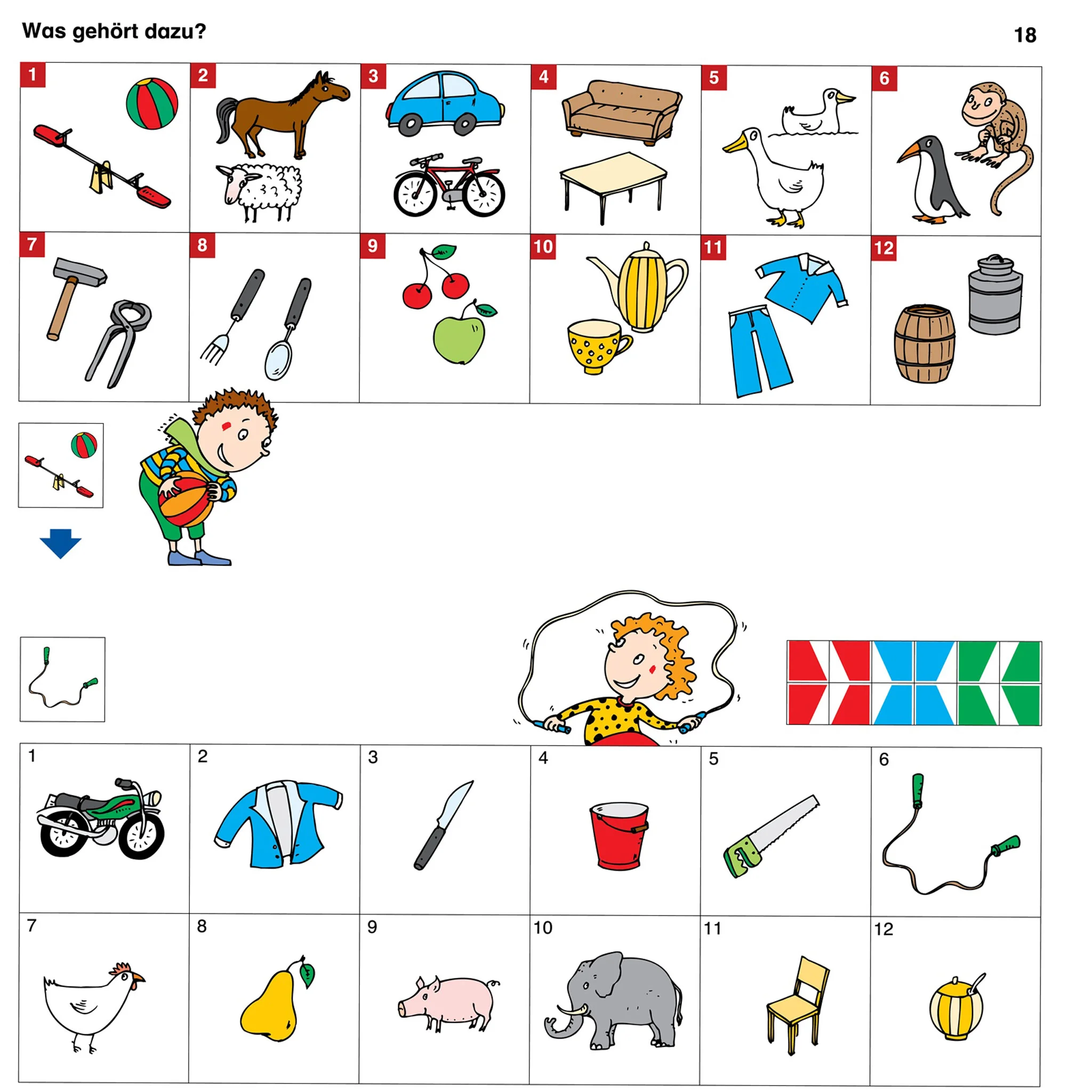 Schaufel, Pferd, Auto, Sofa, Gänse, Hammer, Zange, Kirschen, Apfel, Teekanne, Tasse, Kleidungsstück, Lagerung, Bierfass