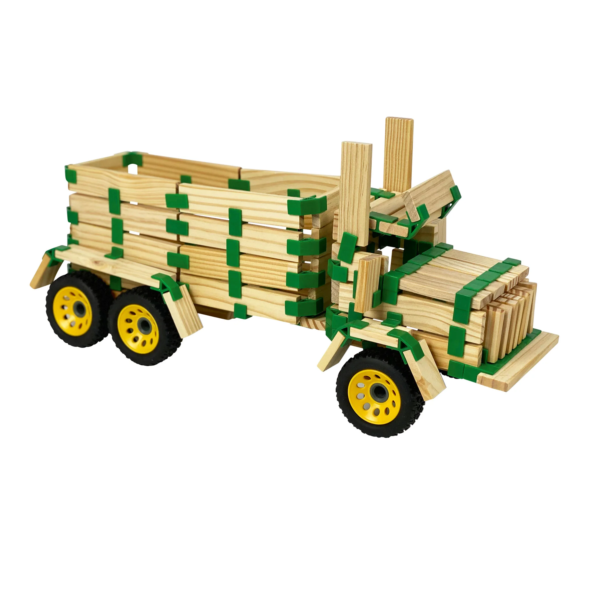 Holzbausatz, Holzplanken, Gelbe Räder, Wagen, Holzspielzeug