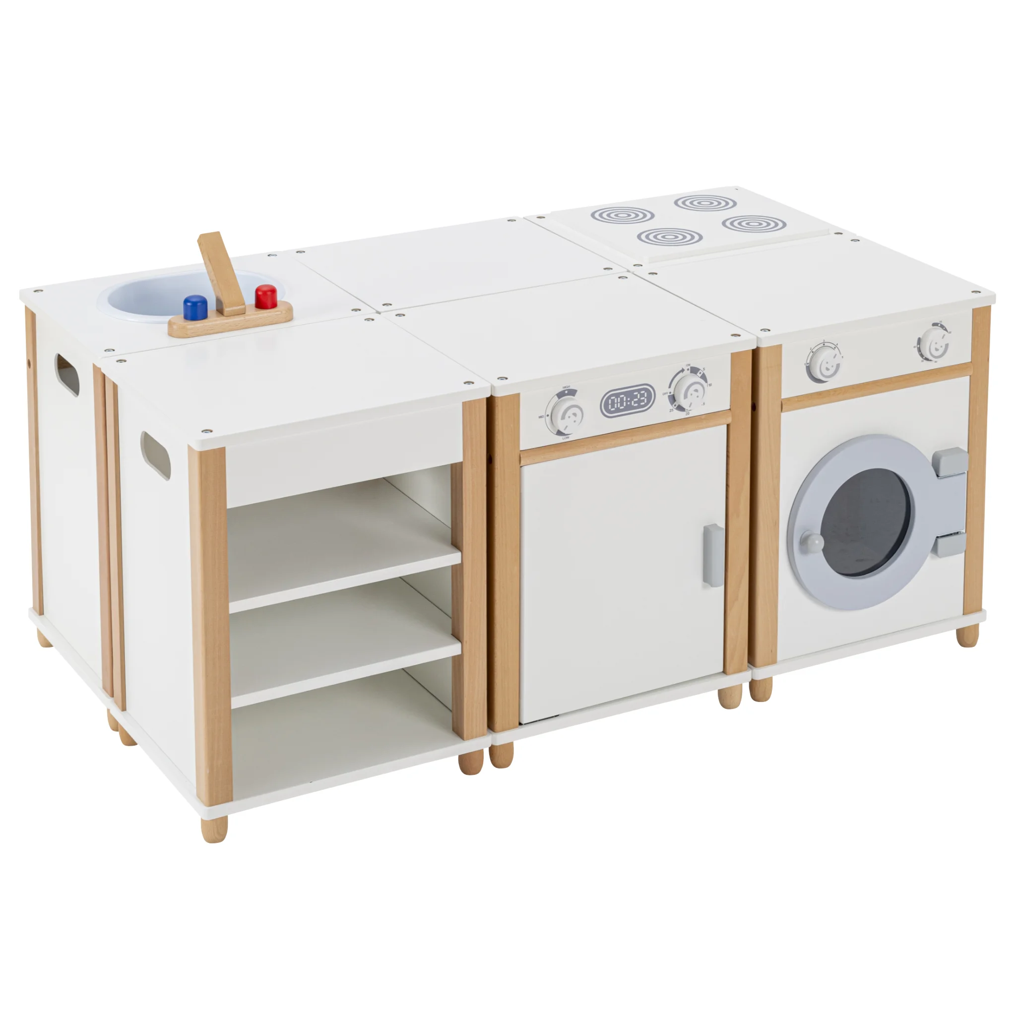 Kinderküche, Holz, Weiße Küche, Waschmaschine, Kochfeld