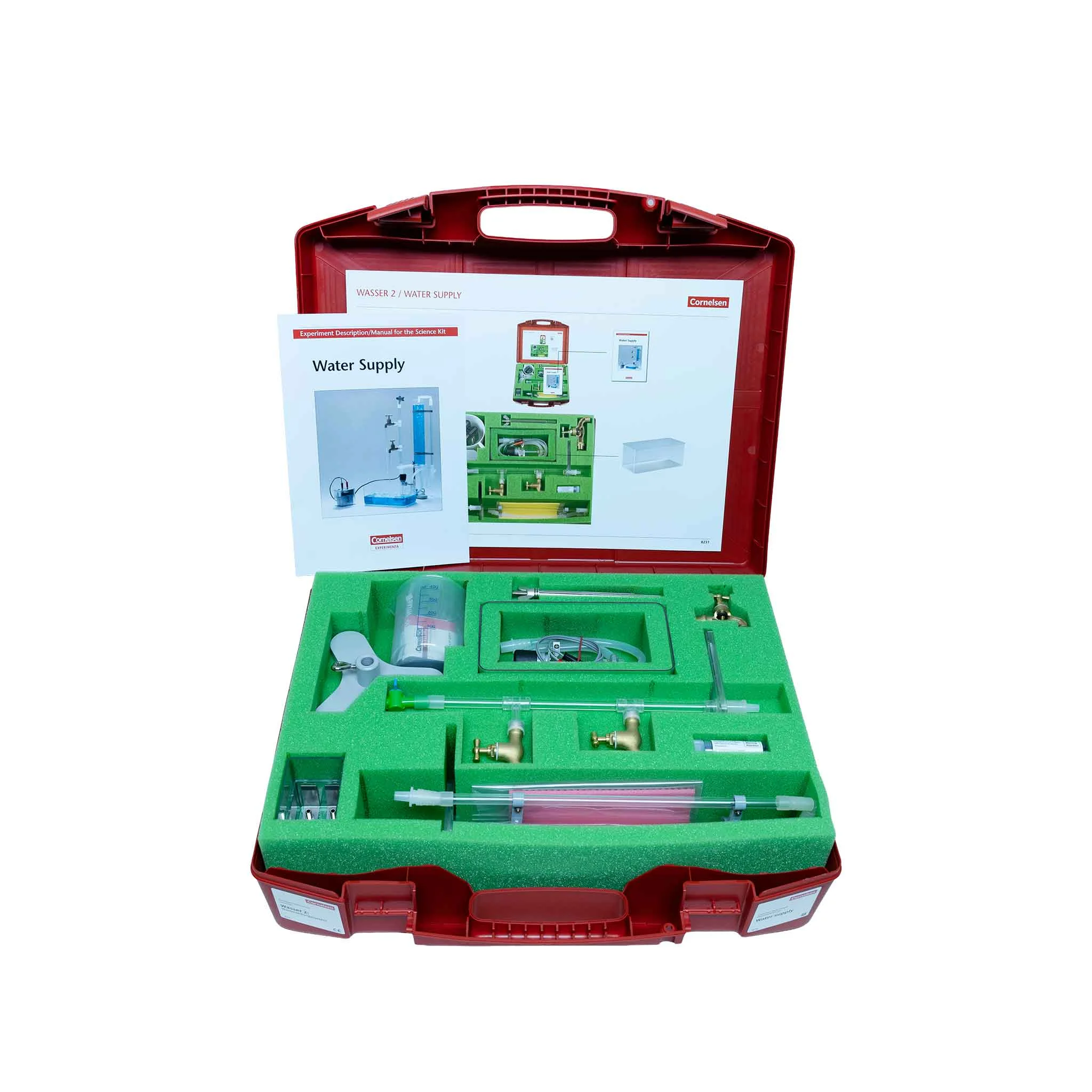 Wasserzufuhr, Laborkit, Bildungskit, grüne Schaumstoffeinlage, rote Tragetasche