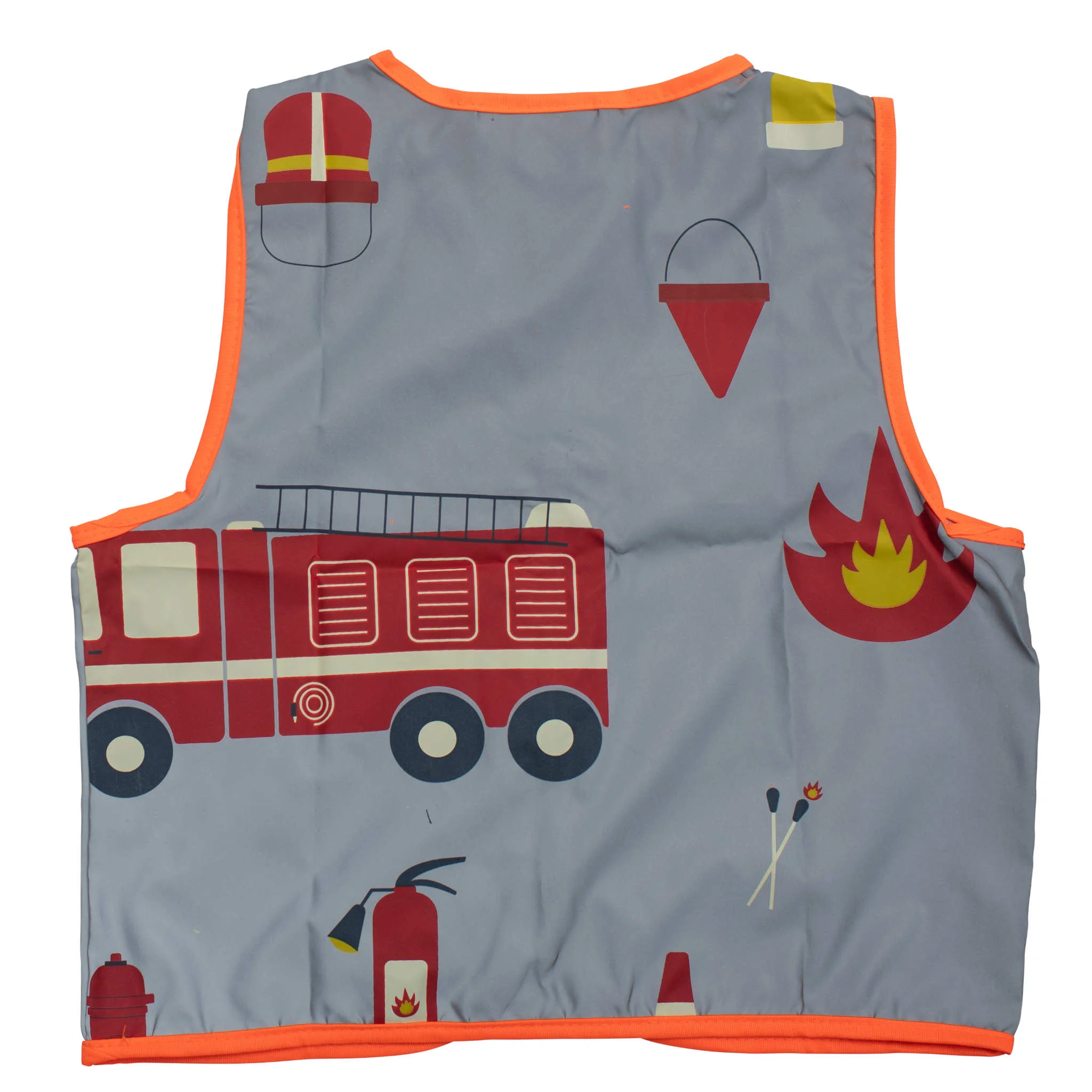 Kinderweste, Feuerwehrmotiv, grauer Stoff, orange Einfassung, Feuerwehrfahrzeug