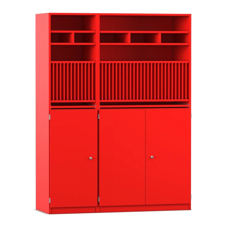 Schrank, Offenregal, Viel Ablage, rote Farbe, Holz-/Metallkonstruktion