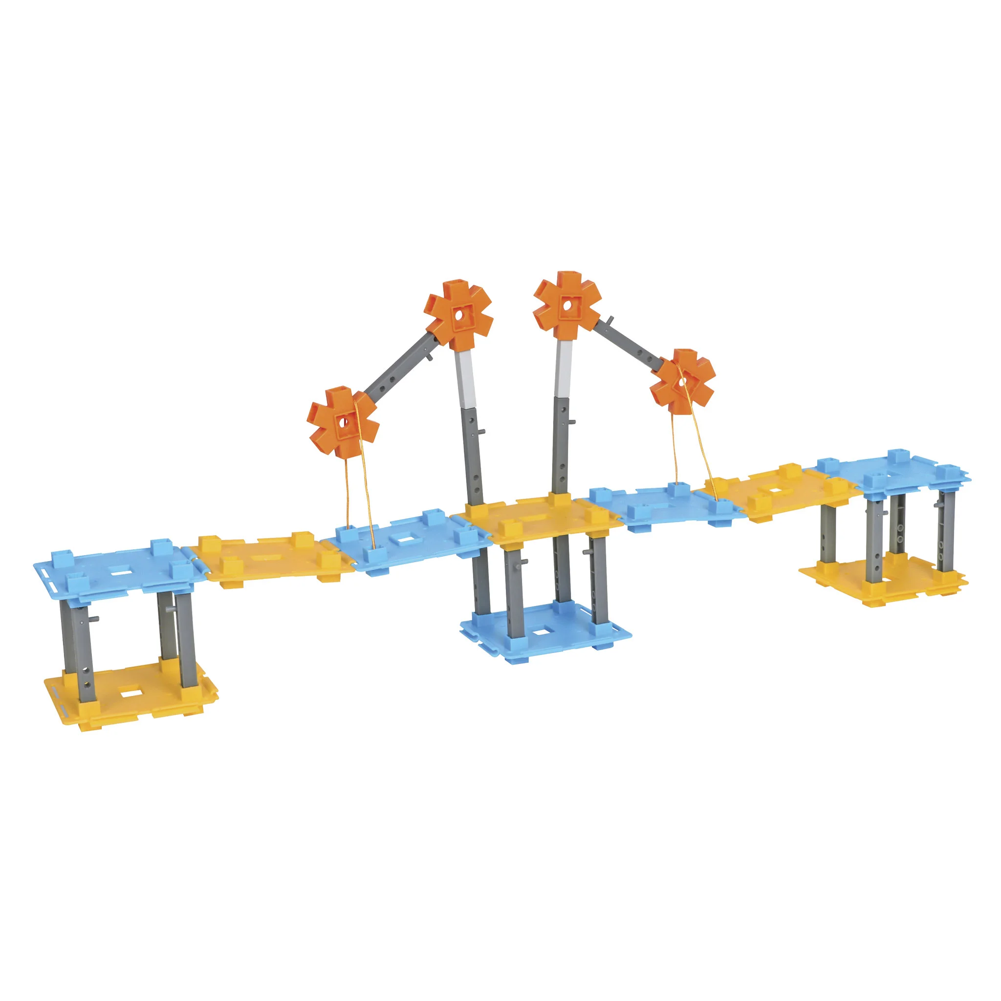 Konstruktionsspielzeug, Bausteine, Brücke, orange Zahnräder, Grau/Blau