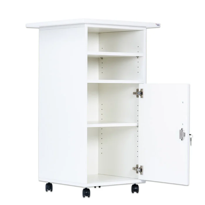 mid-century cabinet, weißer Schrank, Aufbewahrungsschrank, Regale, Räder