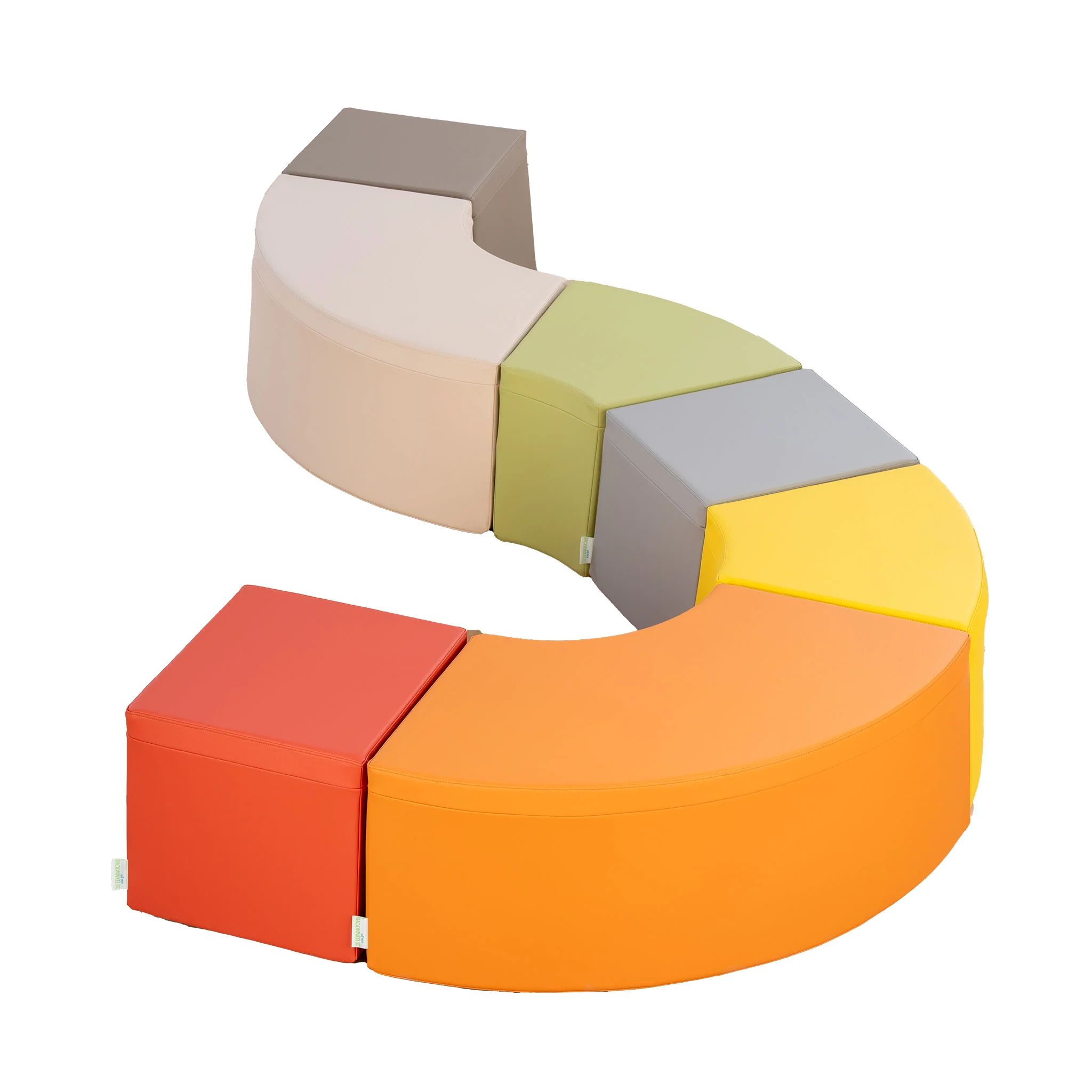 modular seating, soft blocks, curved sofa, colorful cushions, polyfoam cubes