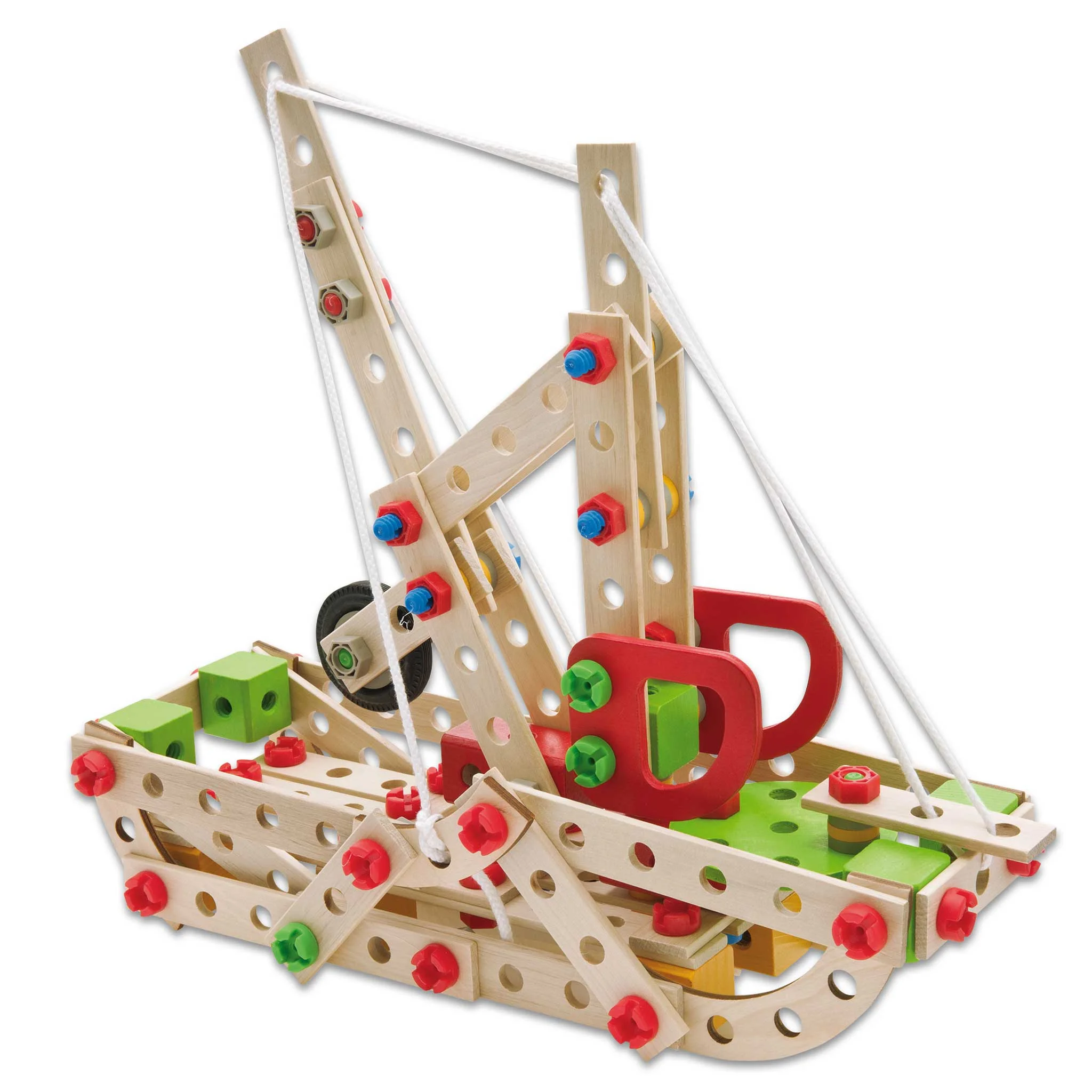 Holzbausatz, Konstruktionsspielzeug, Satz mit Zahnrädern, Turm-Kran, Seilzugssystem