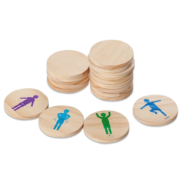 Holzscheiben, Holzwürfel?, Kinder-Spiel?, bunte Silhouetten, Holzscheiben-Spiel