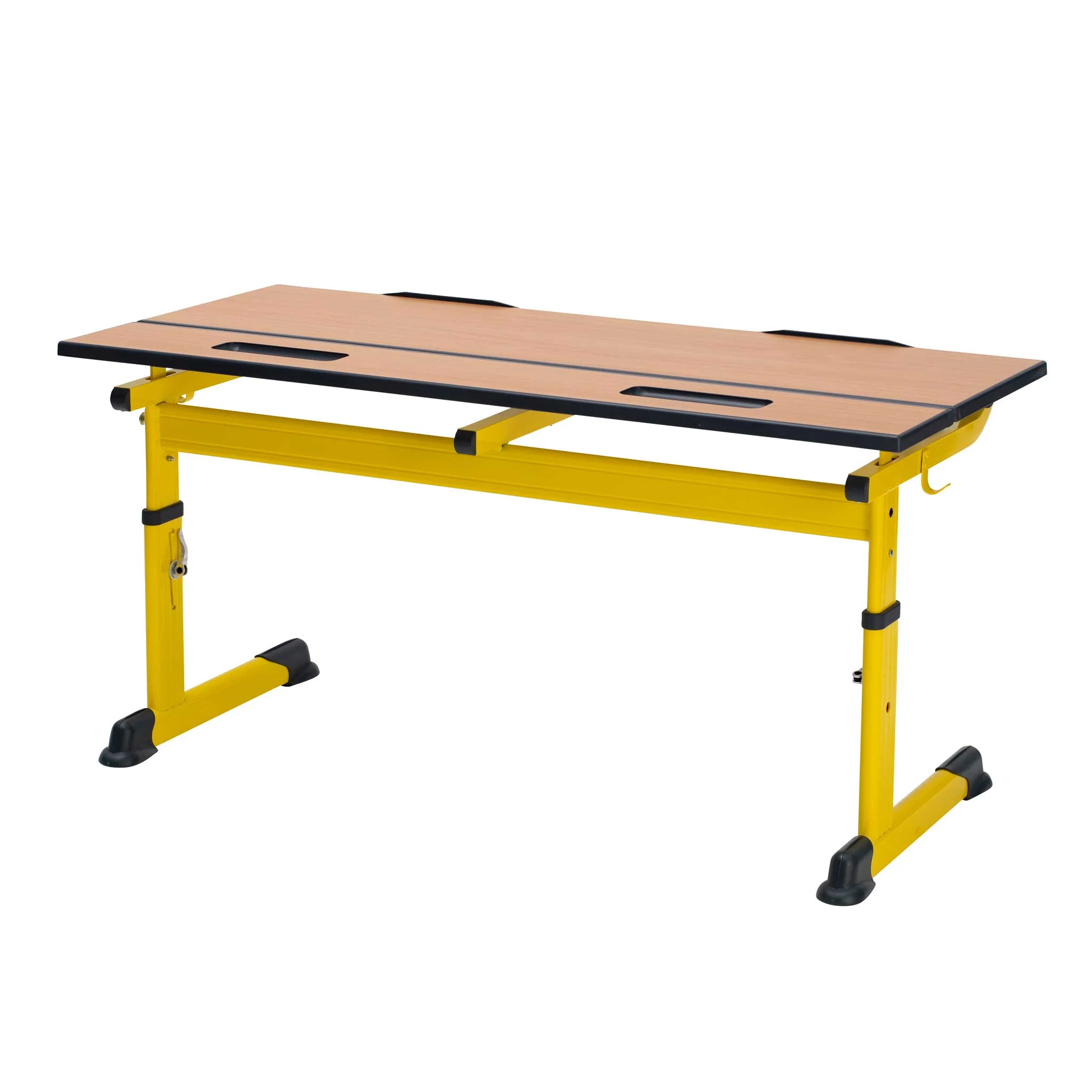 werkbank, schreibtisch, holzplatte, gelb, verstellbar